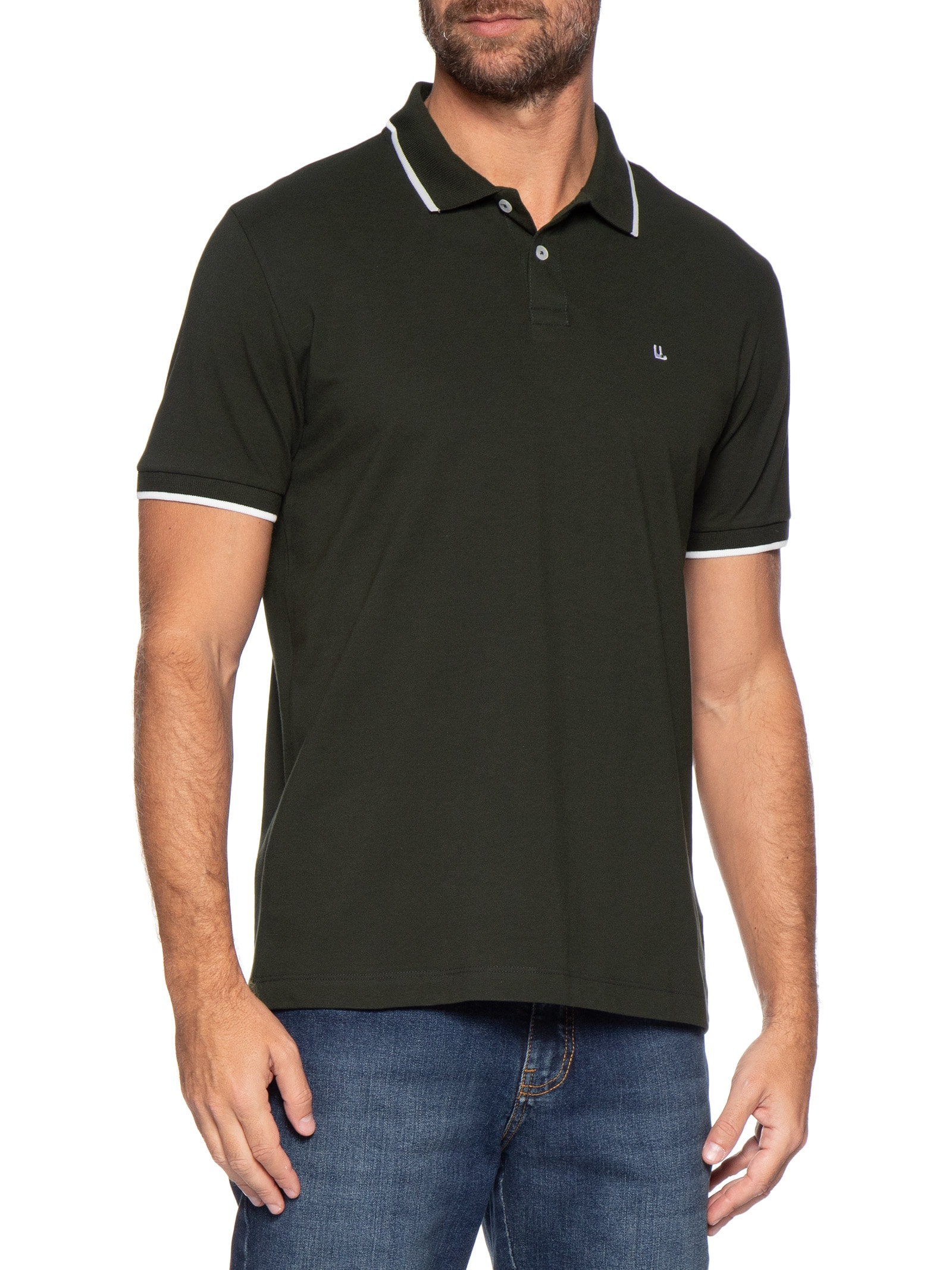 Pólo Masculina Piquet Manga Curta Friso Verde Foxton