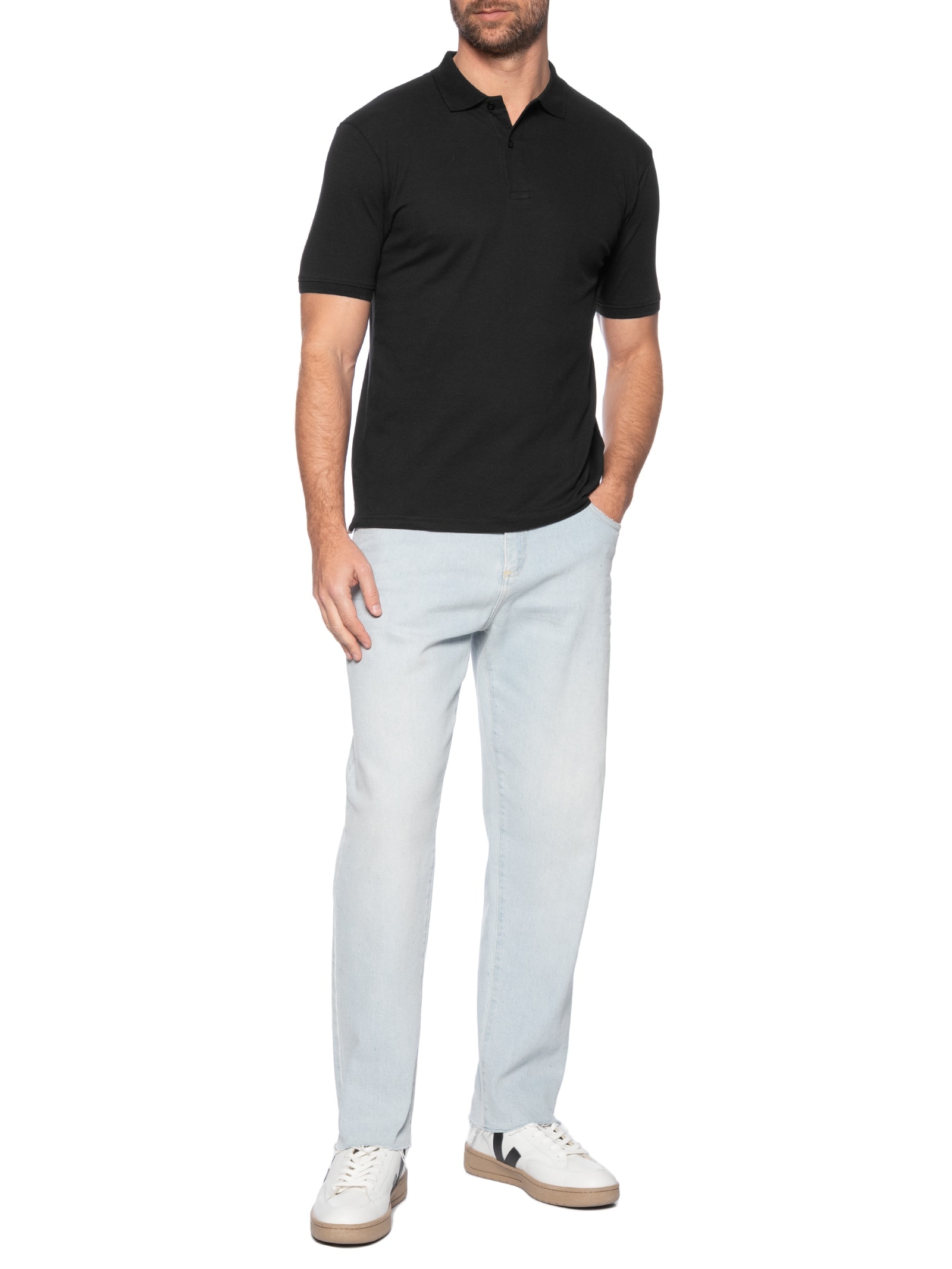 Polo Masculina Piquet Manga Curta Preto '2 Essential