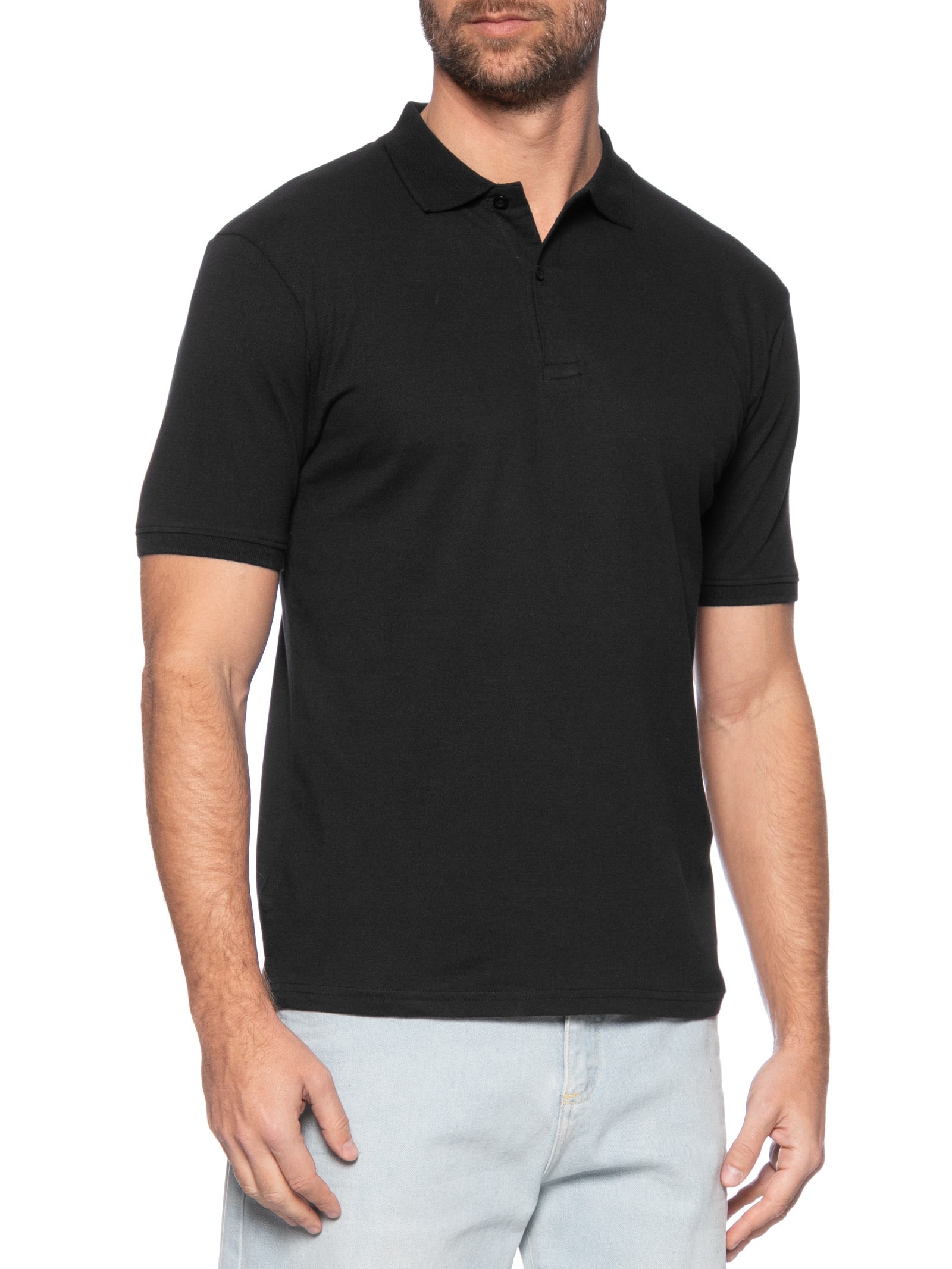 Polo Masculina Piquet Manga Curta Preto '2 Essential