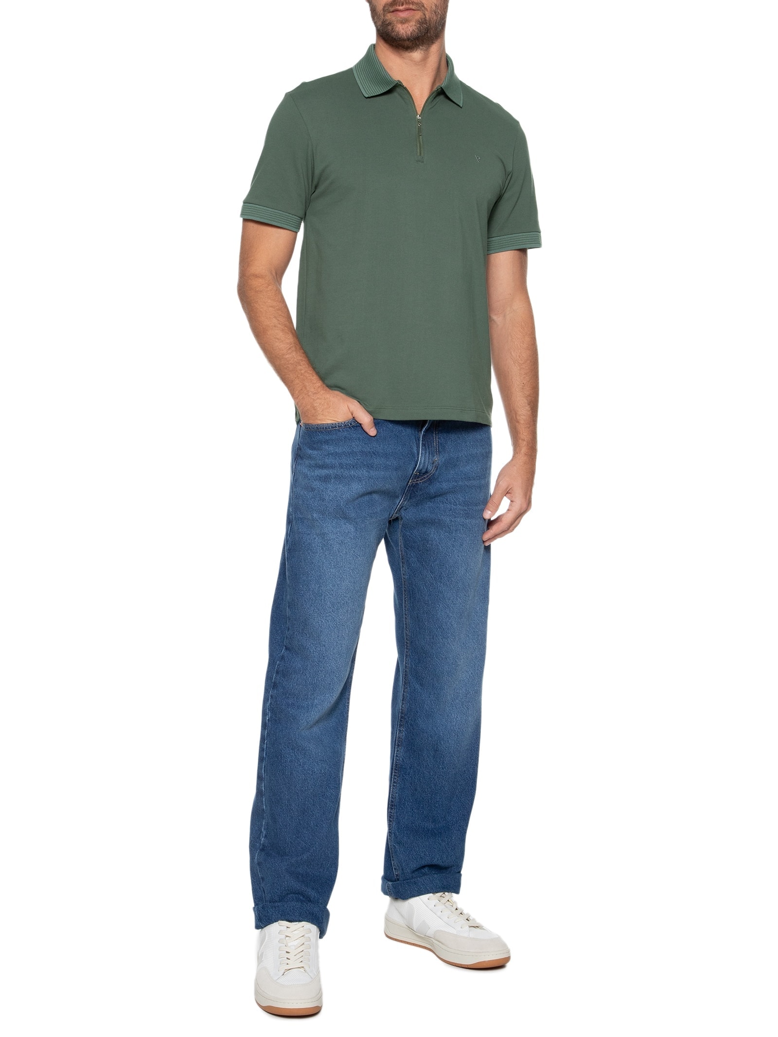 Polo Masculina Piquet Manga Curta Zíper Jacquard Verde Vr