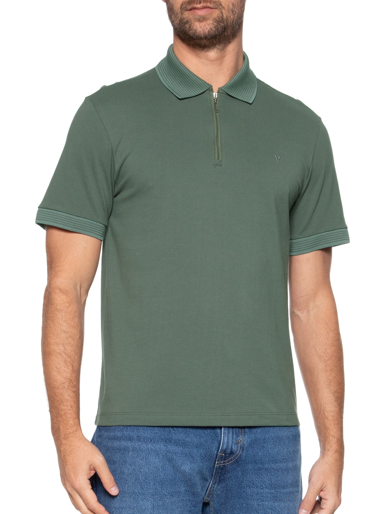 Polo Masculina Piquet Manga Curta Zíper Jacquard Verde Vr