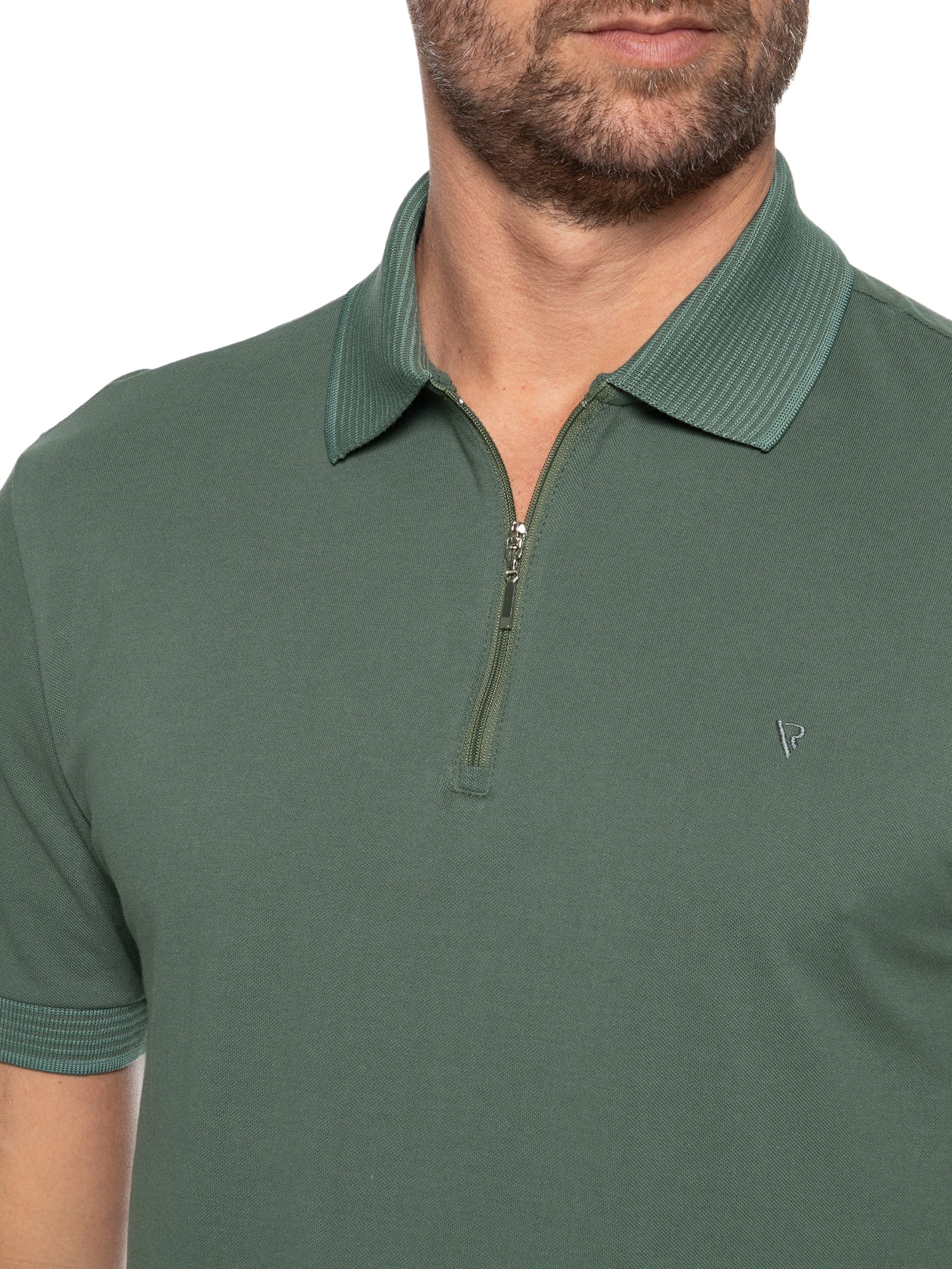 Polo Masculina Piquet Manga Curta Zíper Jacquard Verde Vr