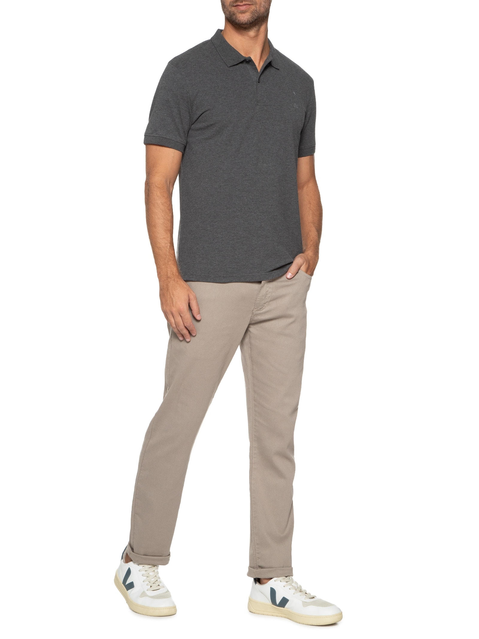 Polo Masculina Piquet Stretch Básica Cinza Jab
