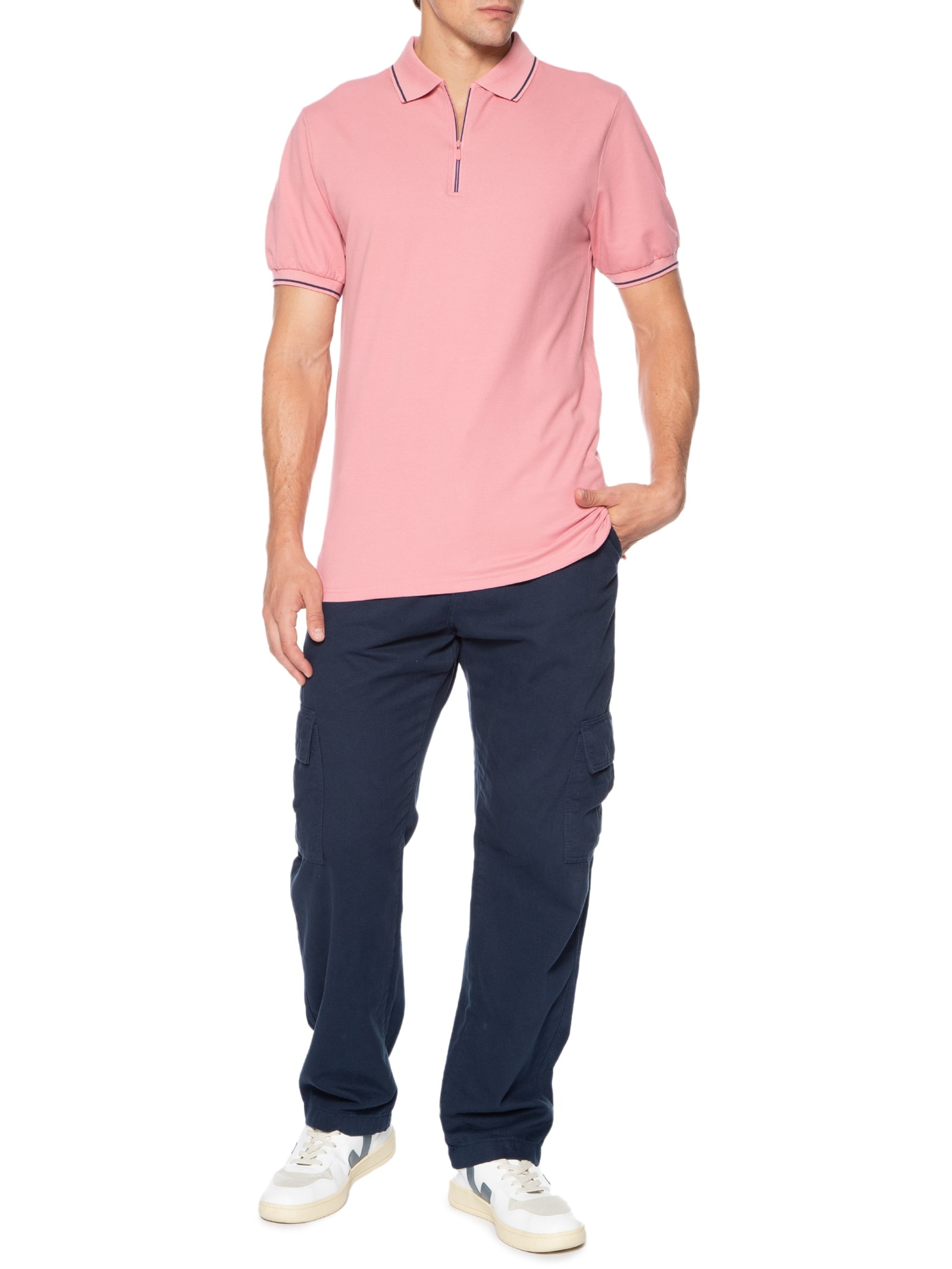Basiq Men - Polo Masculina Piquet Zíper - Rosa