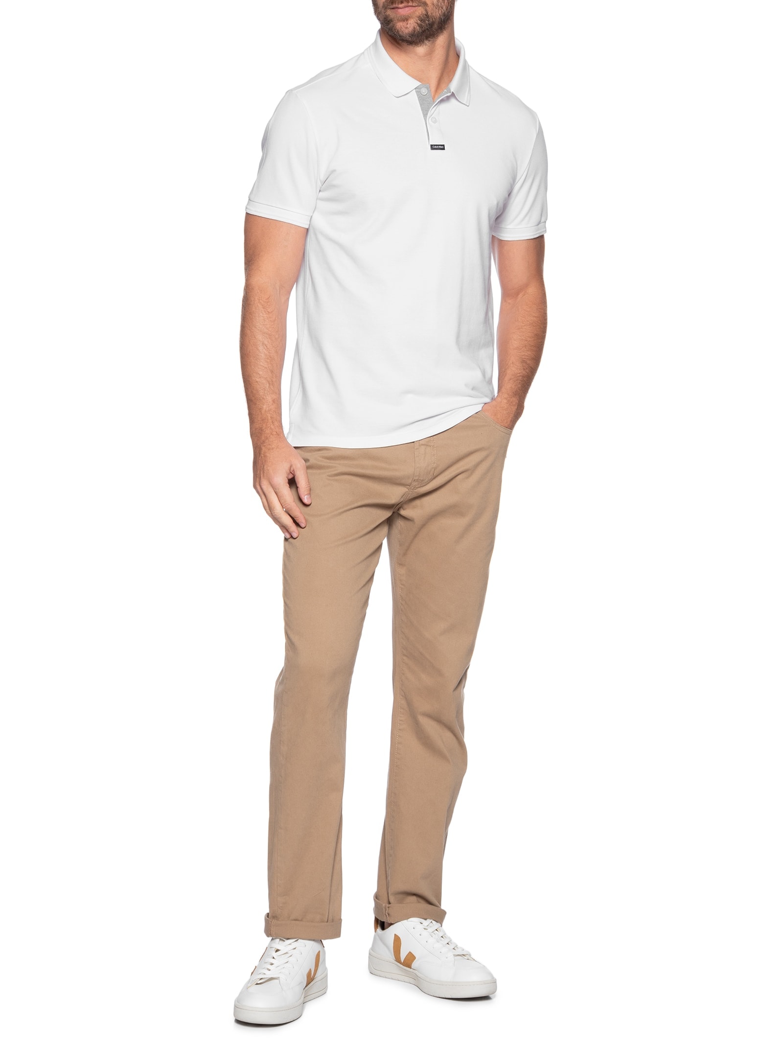 Polo Masculina Premium em Piquet Duplo Branco Calvin Klein - White Label