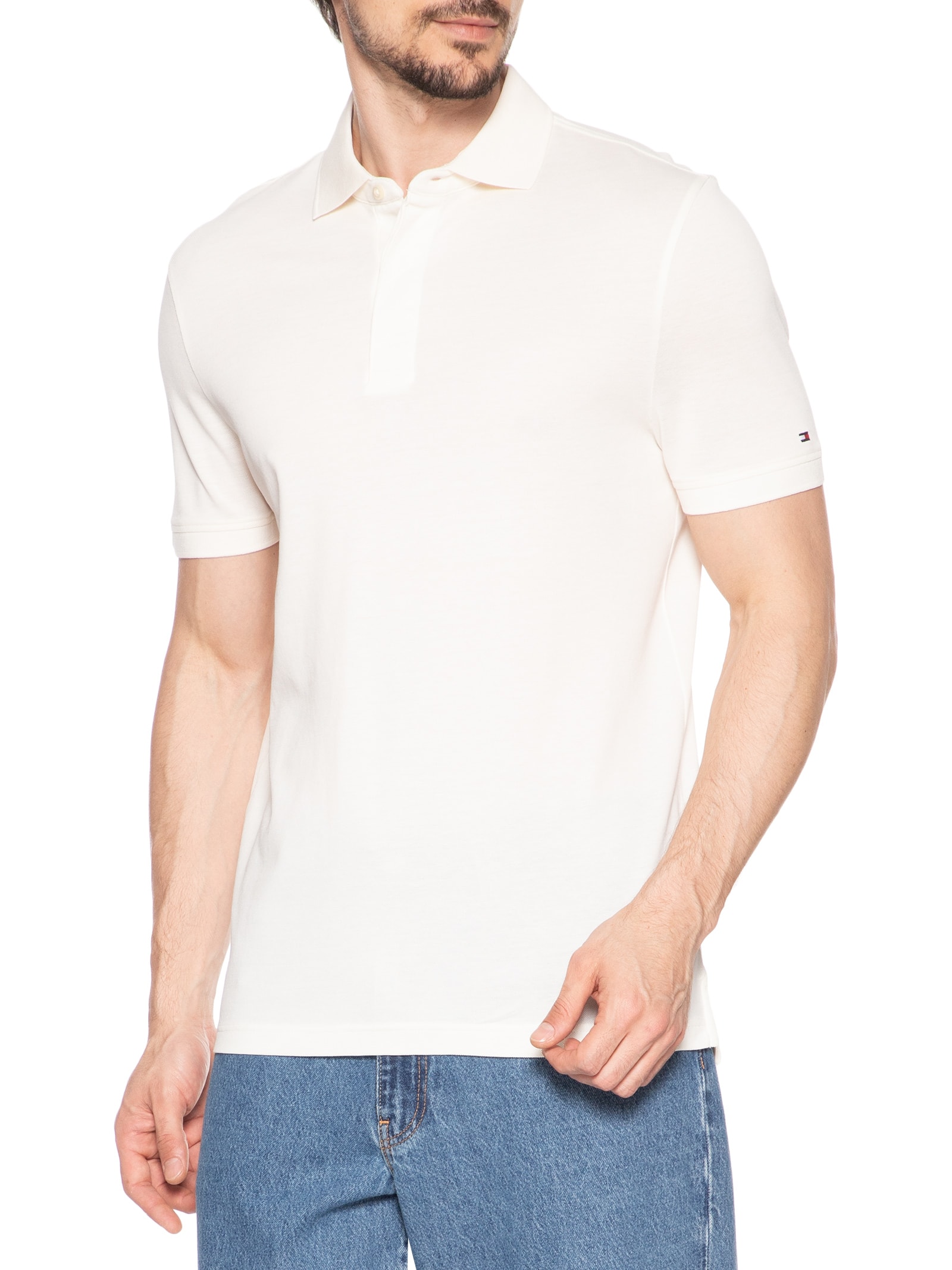 Polo Masculina Regular Fit Básica Hidden Em Algodão Branco Tommy Hilfiger