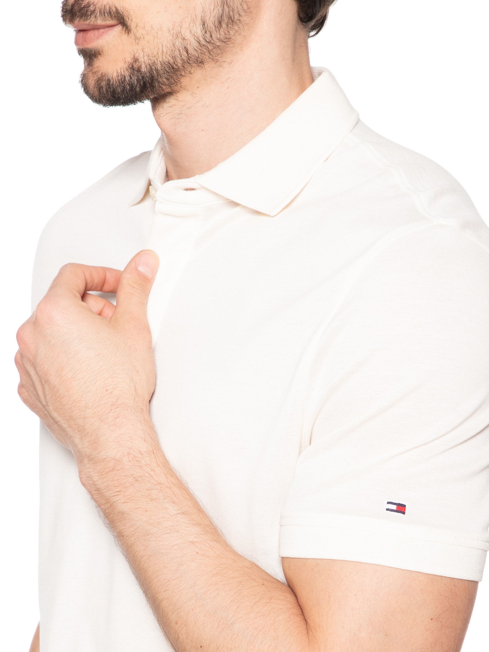 Polo Masculina Regular Fit Básica Hidden Em Algodão Branco Tommy Hilfiger