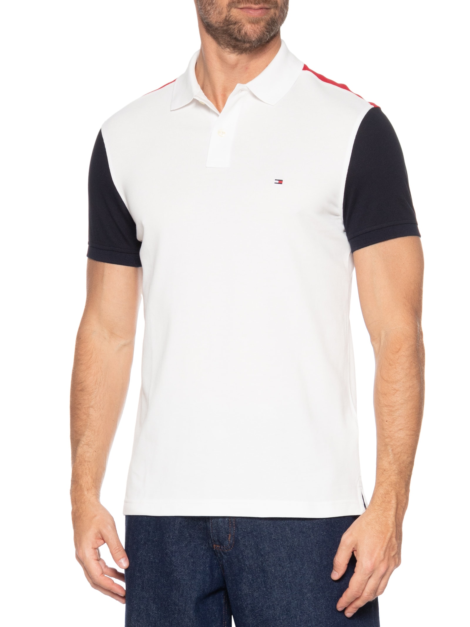 Polo Masculina Regular Fit Blocking Branco Tommy Hilfiger