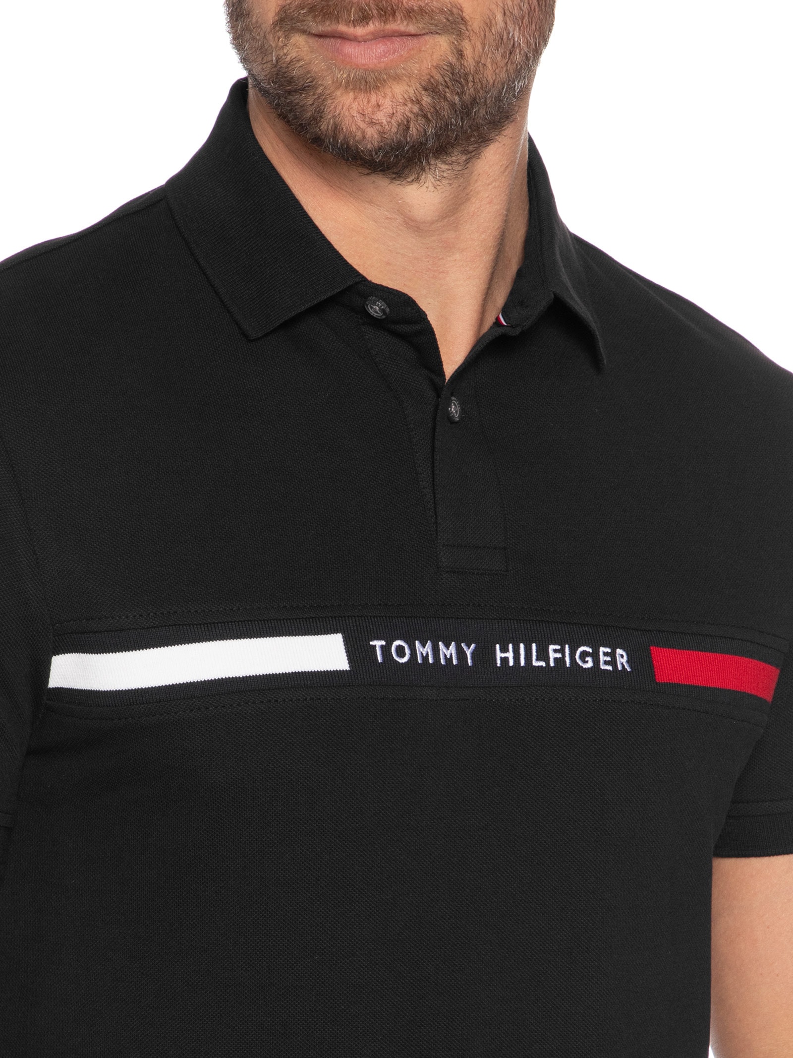 Polo Masculina Regular Fit Chest Insert Em Algodão Preto Tommy Hilfiger