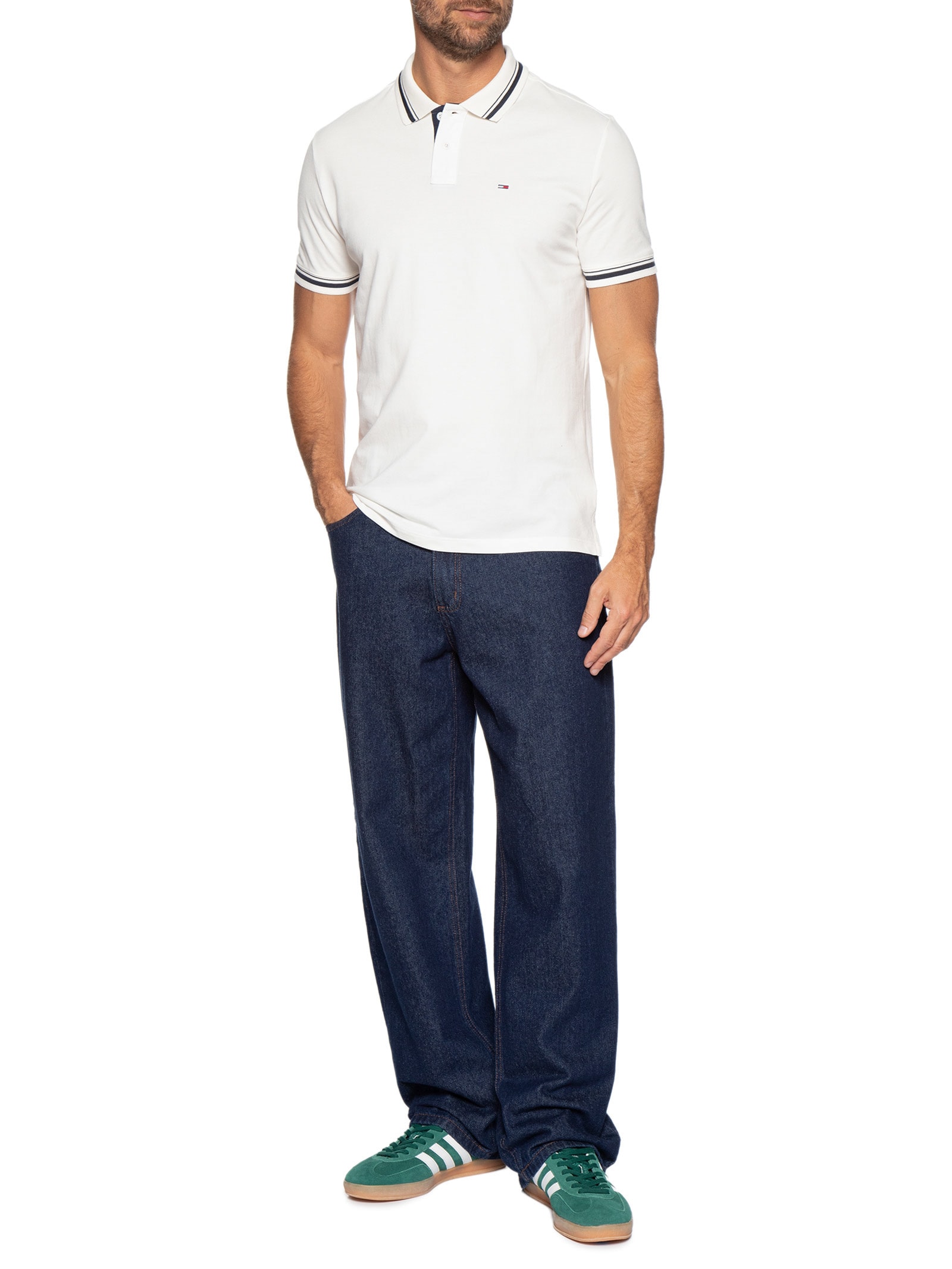 Polo Masculina Regular Fit Com Friso Branco Tommy Jeans