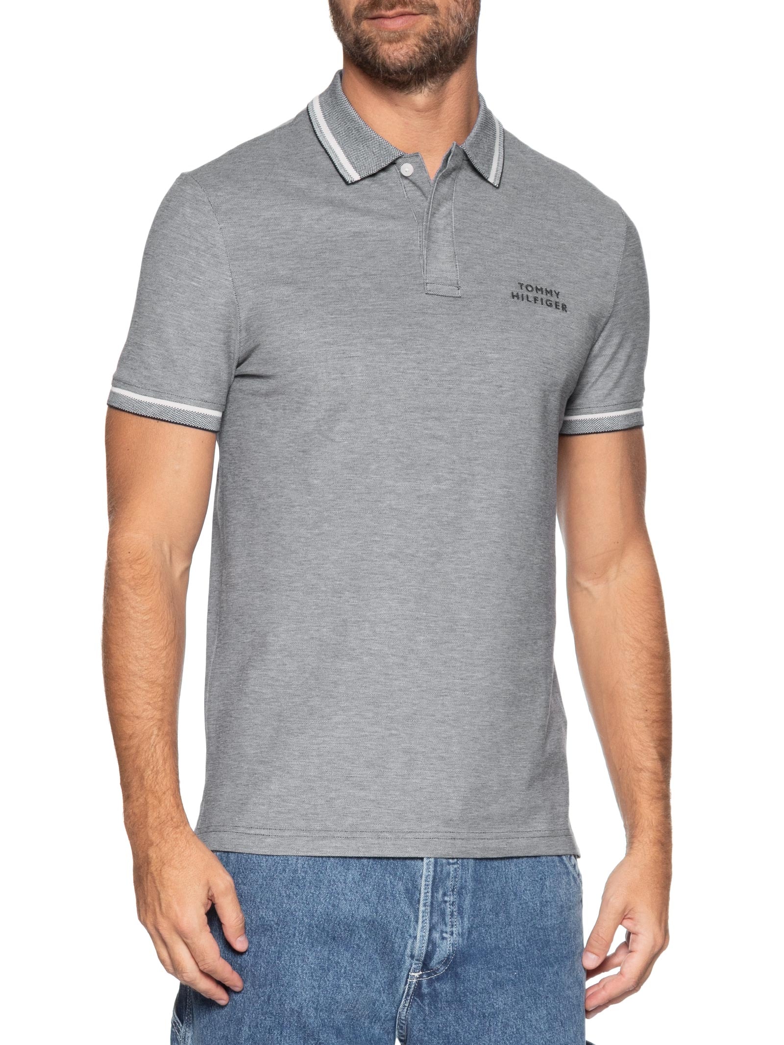 Polo Masculina Regular Fit Com Friso Duplo Cinza Tommy Hilfiger