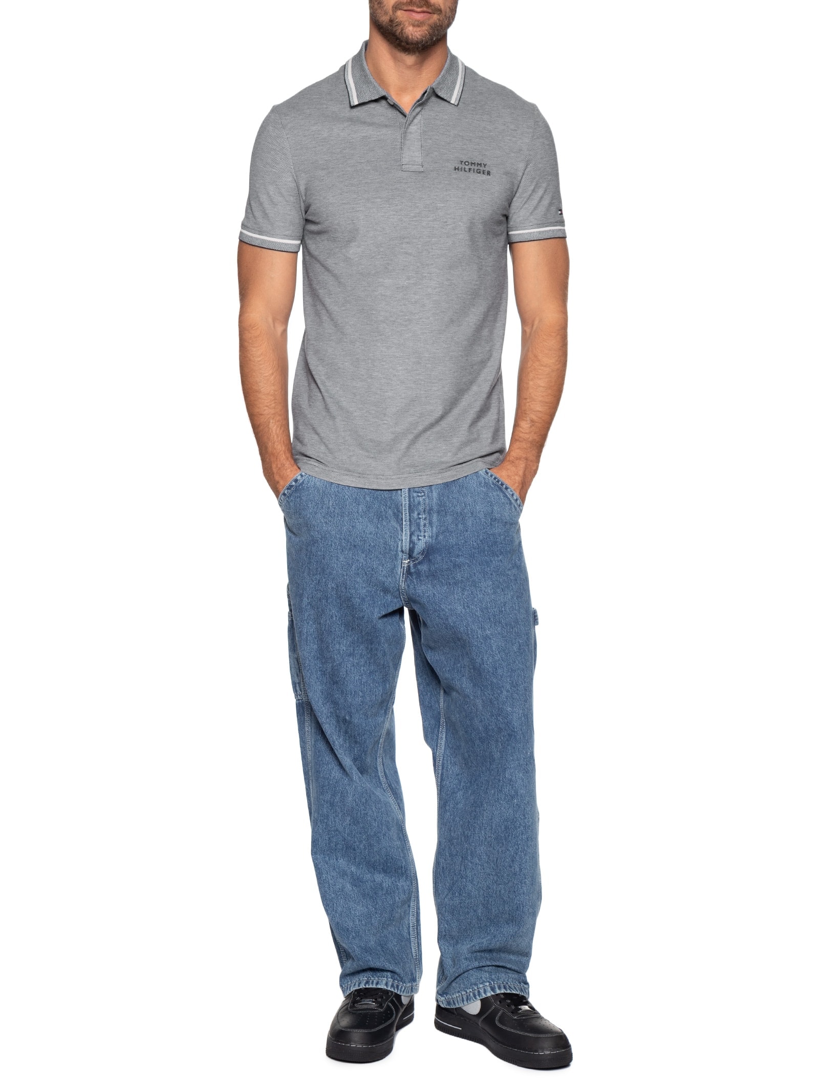 Polo Masculina Regular Fit Com Friso Duplo Cinza Tommy Hilfiger