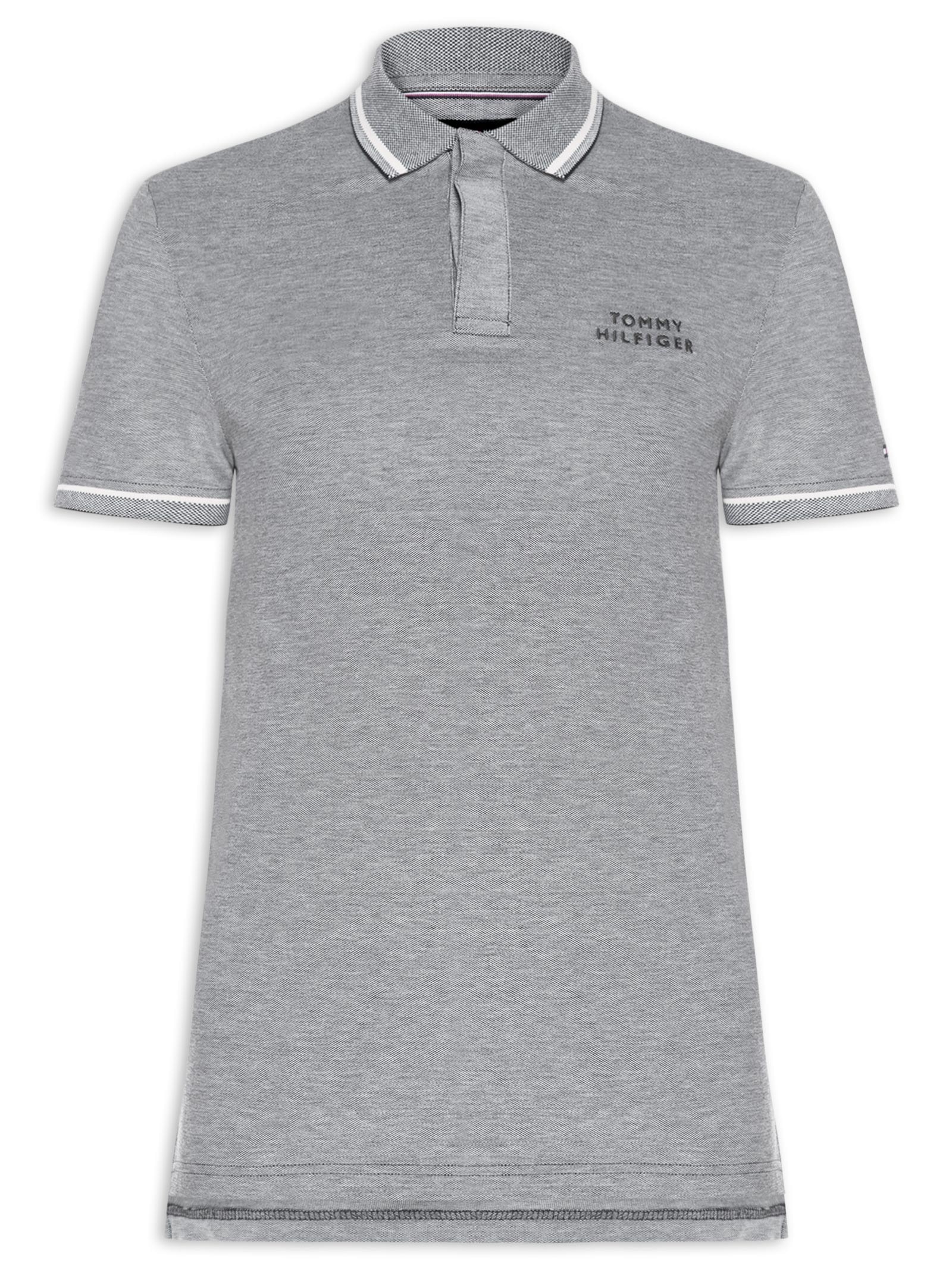 Polo Masculina Regular Fit Com Friso Duplo Cinza Tommy Hilfiger