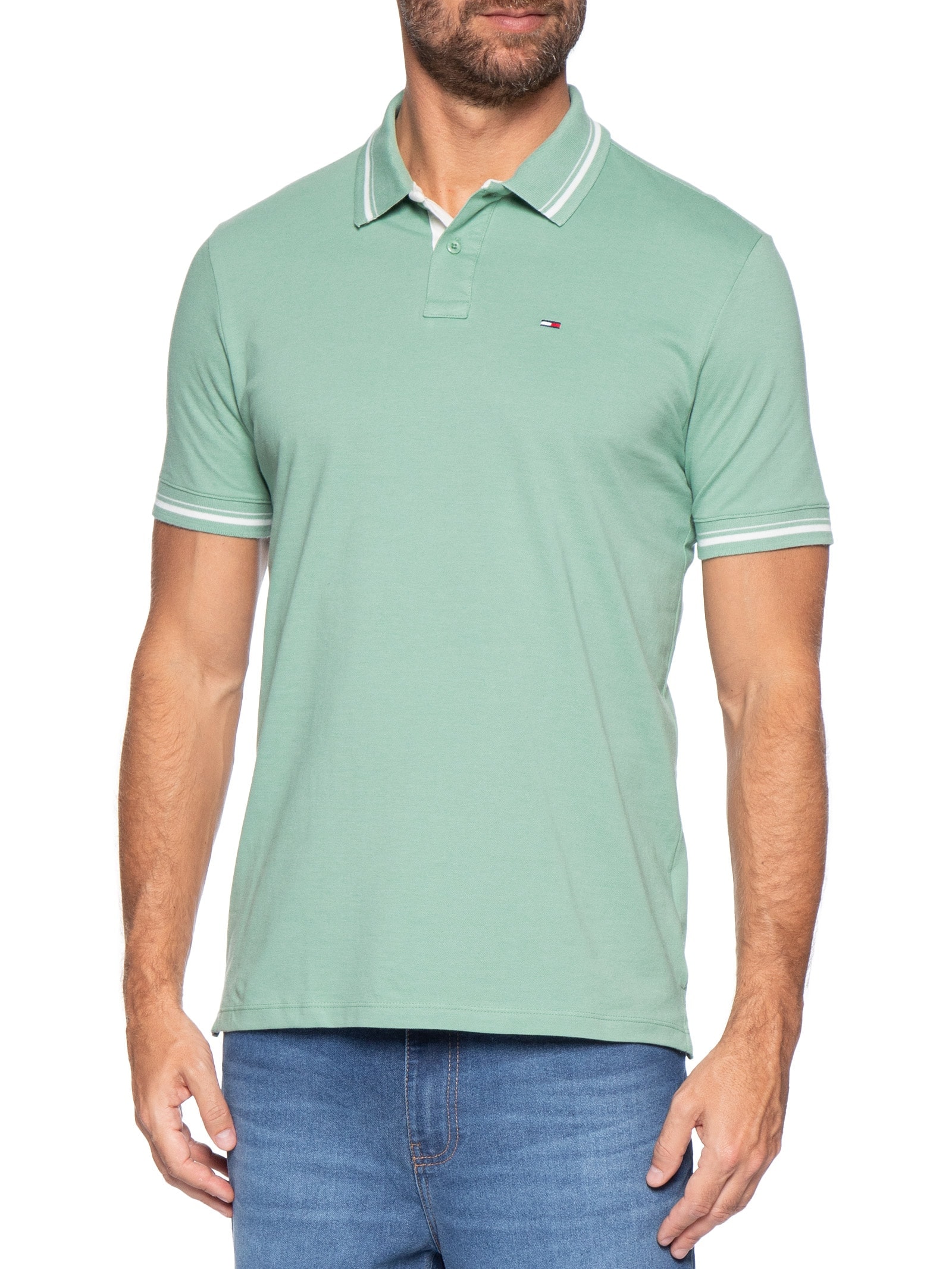Polo Masculina Regular Fit Com Friso E Vista Contrastante Verde Tommy Jeans