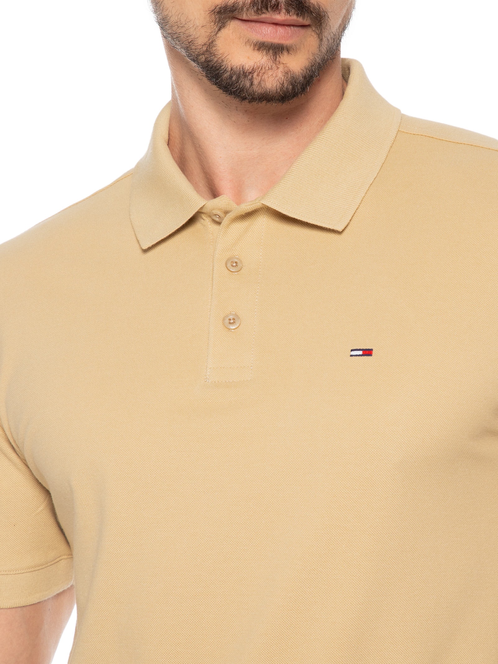 Polo Masculina Regular Fit com Vista Diferenciada  Bege Tommy Jeans