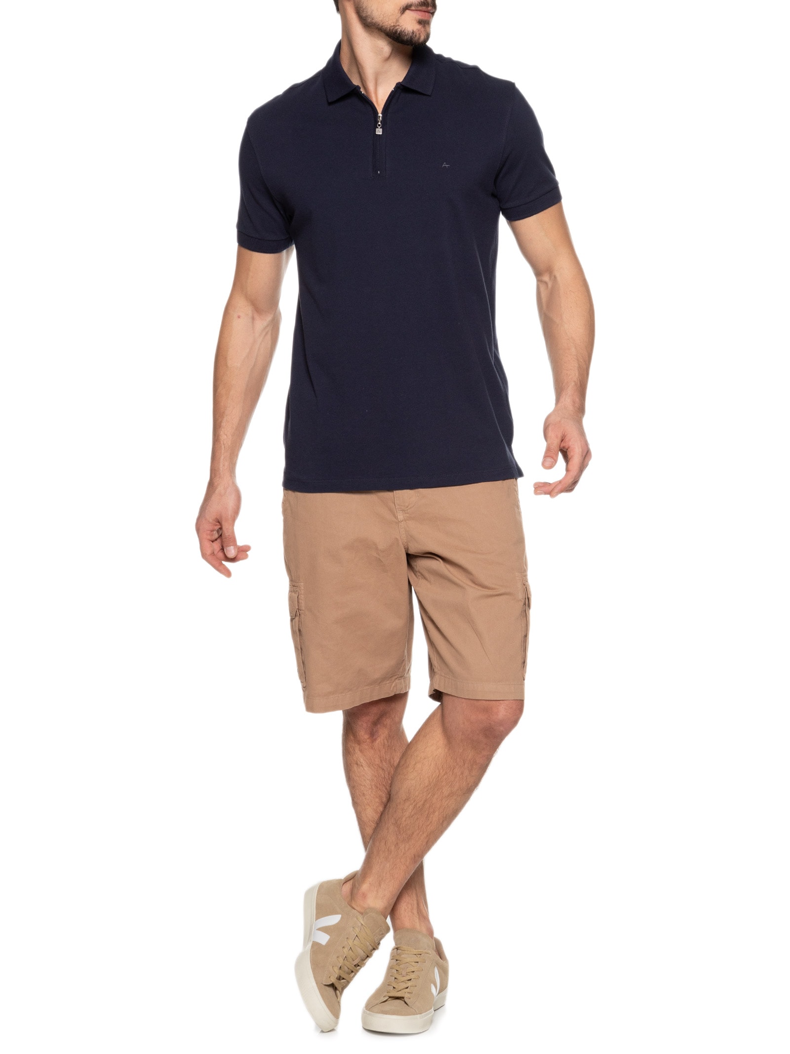 Polo Masculina Regular Fit Com Zíper Em Piquet Azul Aramis