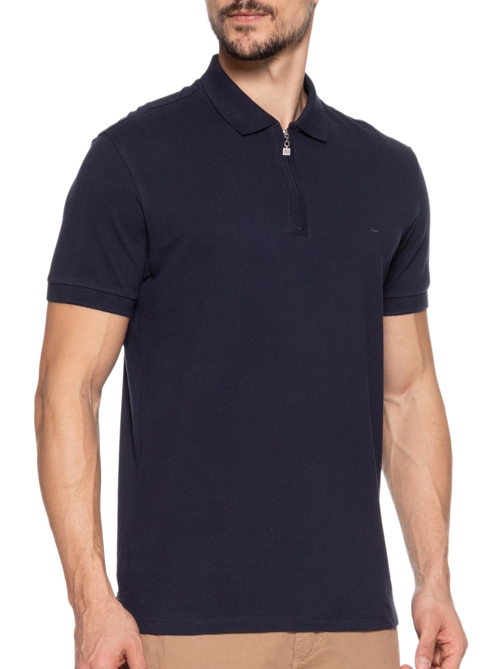 Polo Masculina Regular Fit Com Zíper Em Piquet Azul Aramis