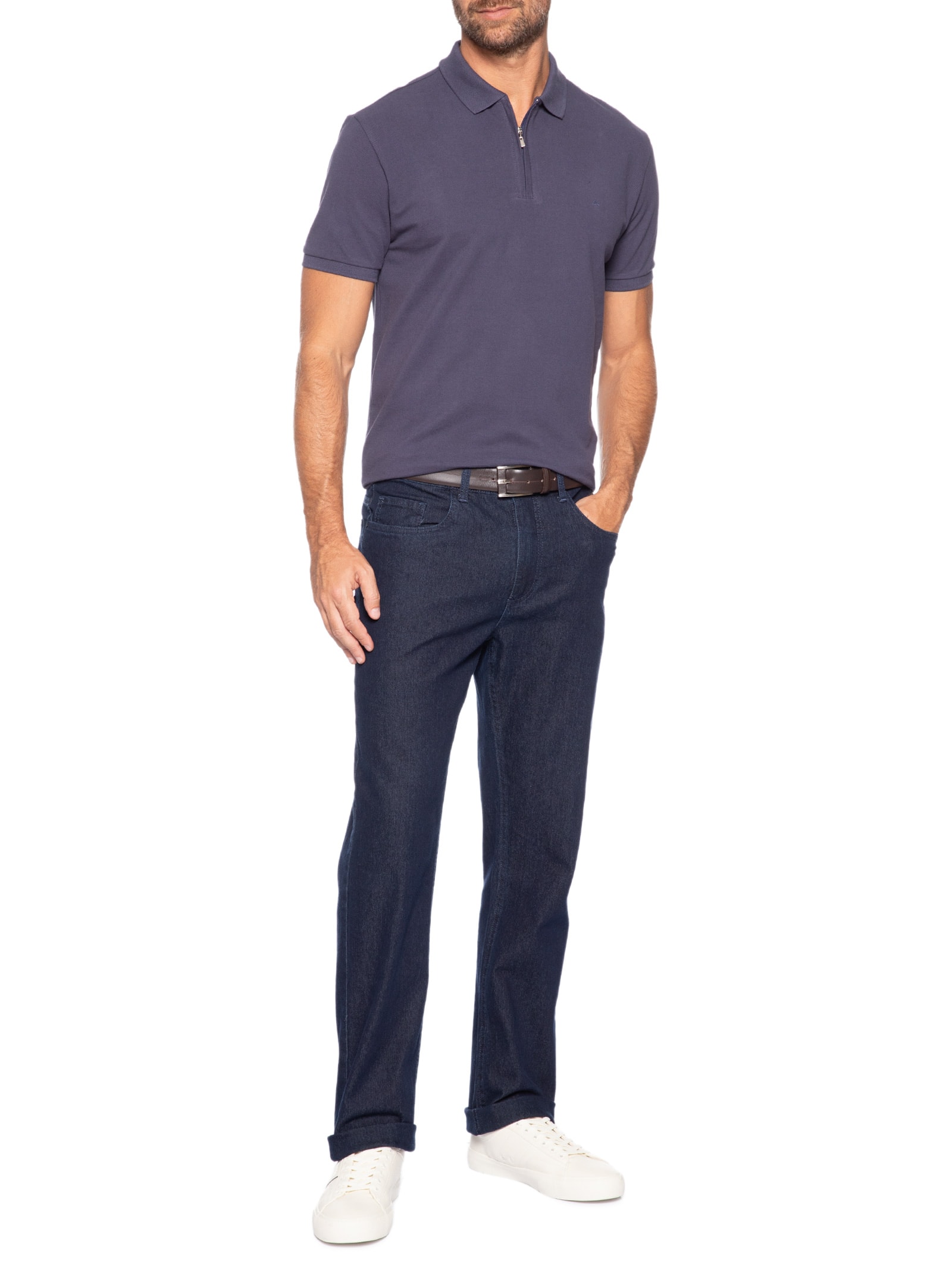 Polo Masculina Regular Fit Com Zíper Em Piquet Azul Aramis