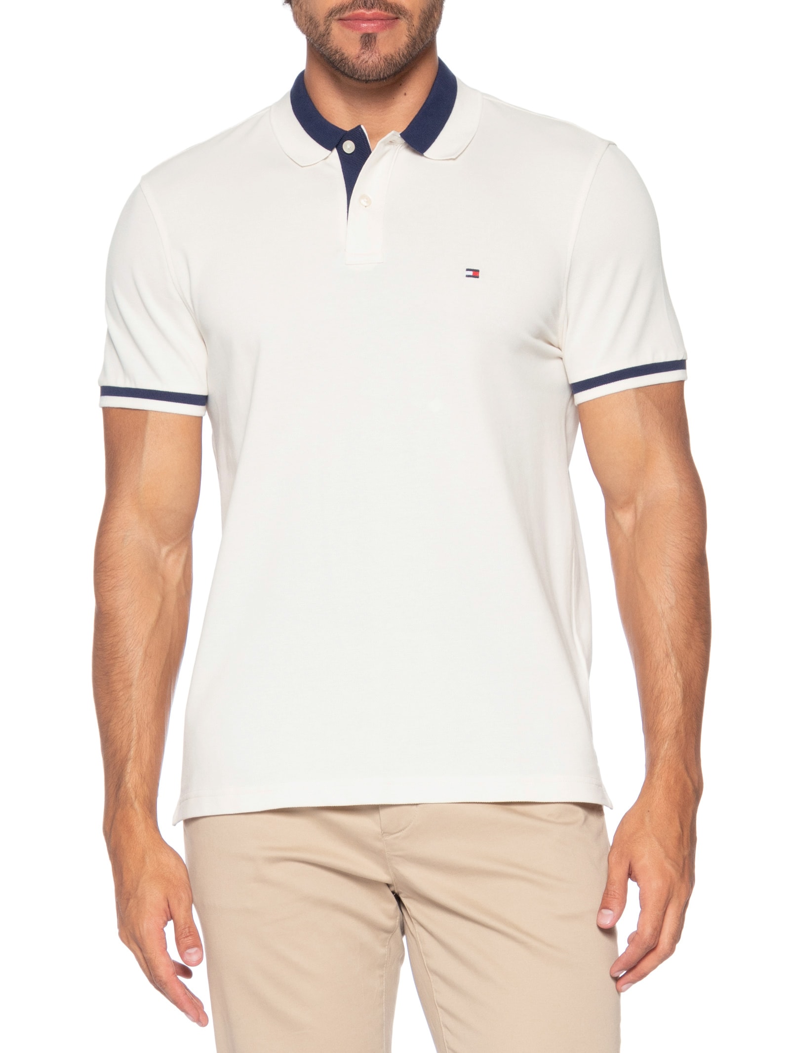 Polo Masculina Regular Fit Detalhe Contrastante - Off White