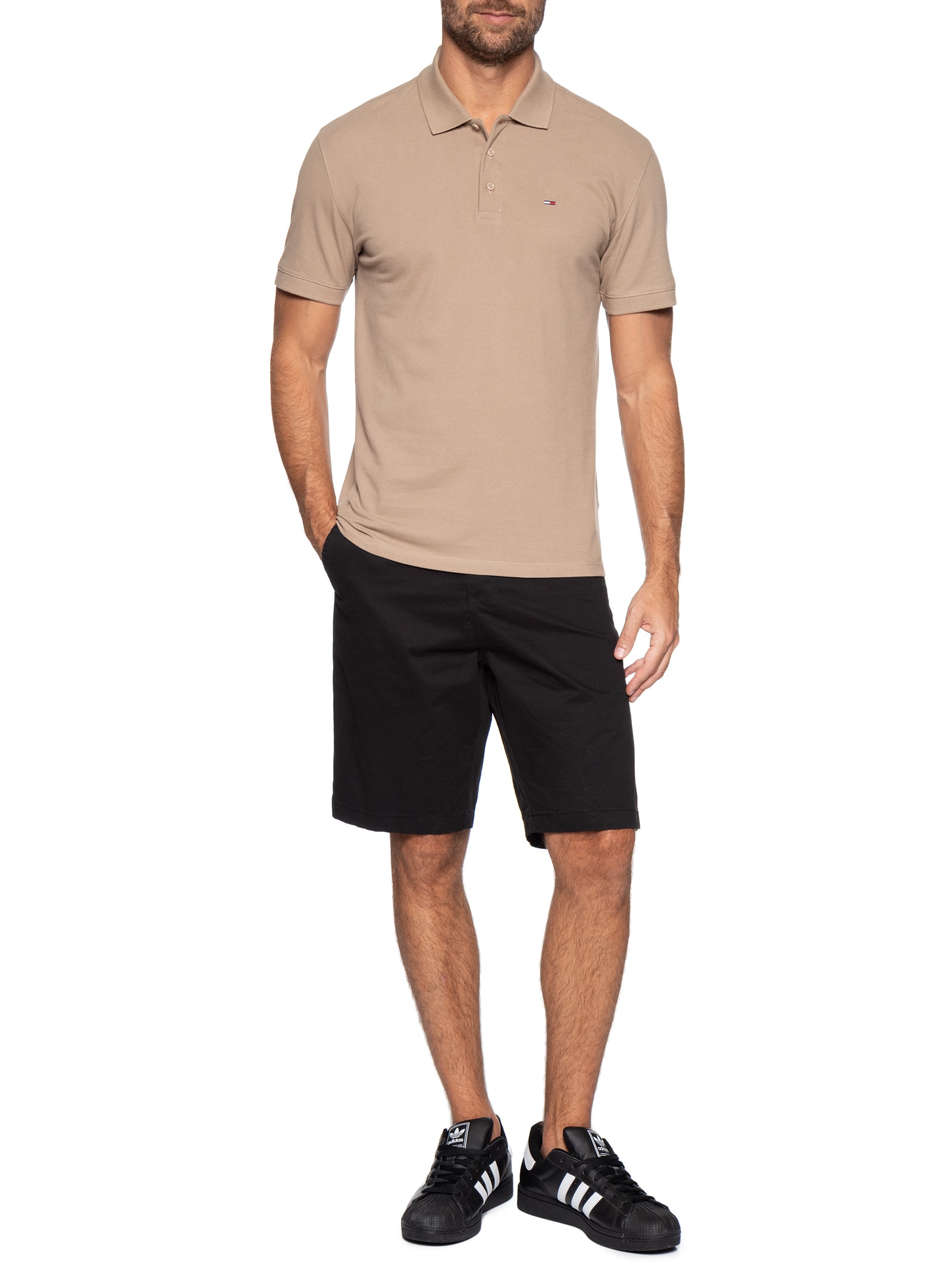 Polo Masculina Regular Fit em Pique  Bege Tommy Jeans