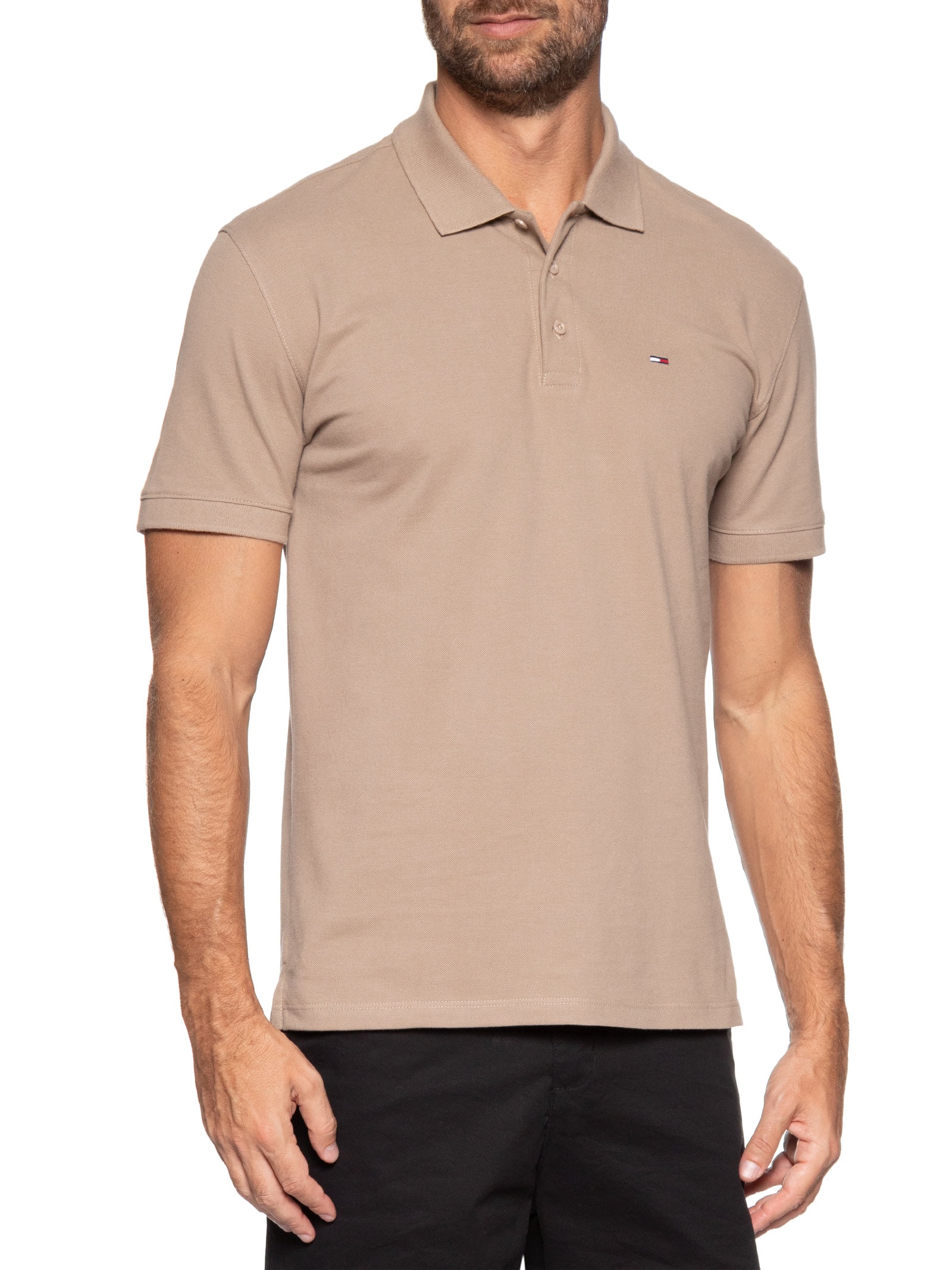 Polo Masculina Regular Fit em Pique  Bege Tommy Jeans