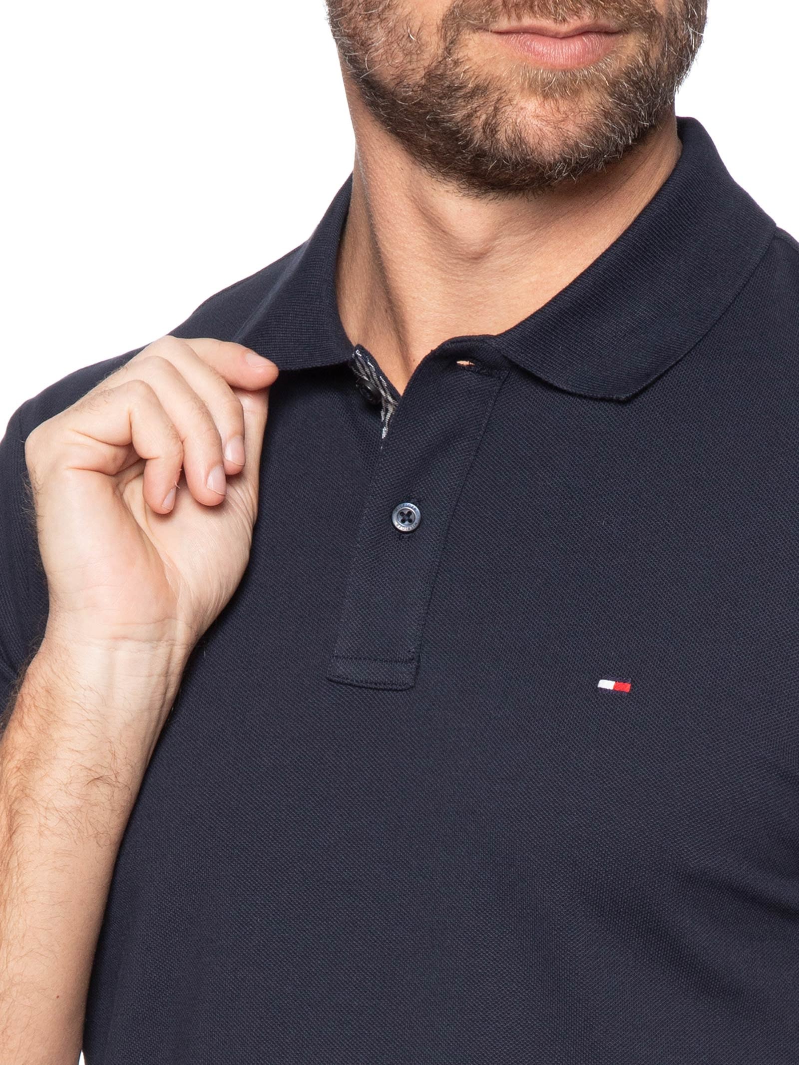 Polo Masculina Regular Fit Em Piquet Placket Interest Azul Tommy Hilfiger