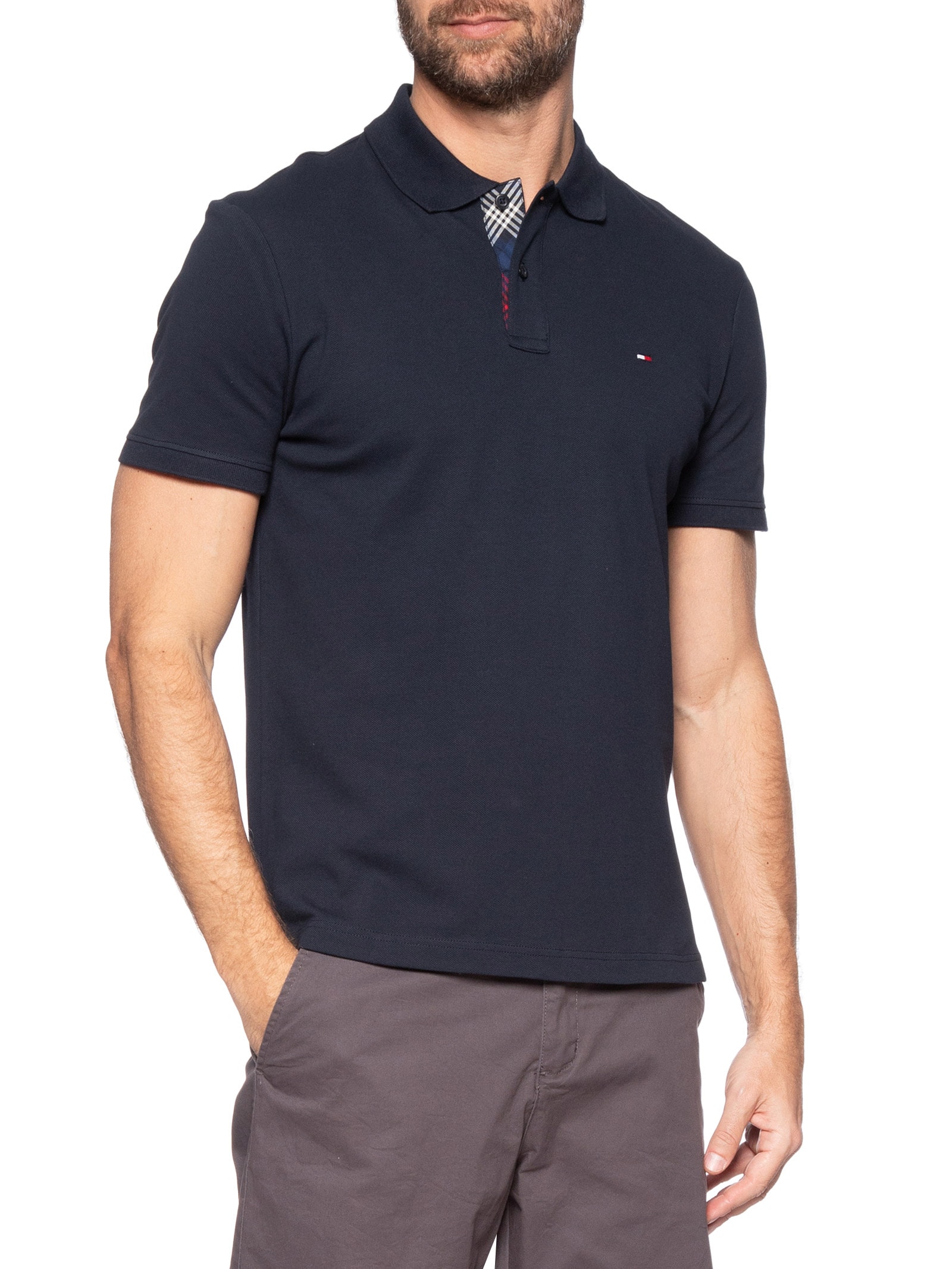 Polo Masculina Regular Fit Em Piquet Placket Interest Azul Tommy Hilfiger