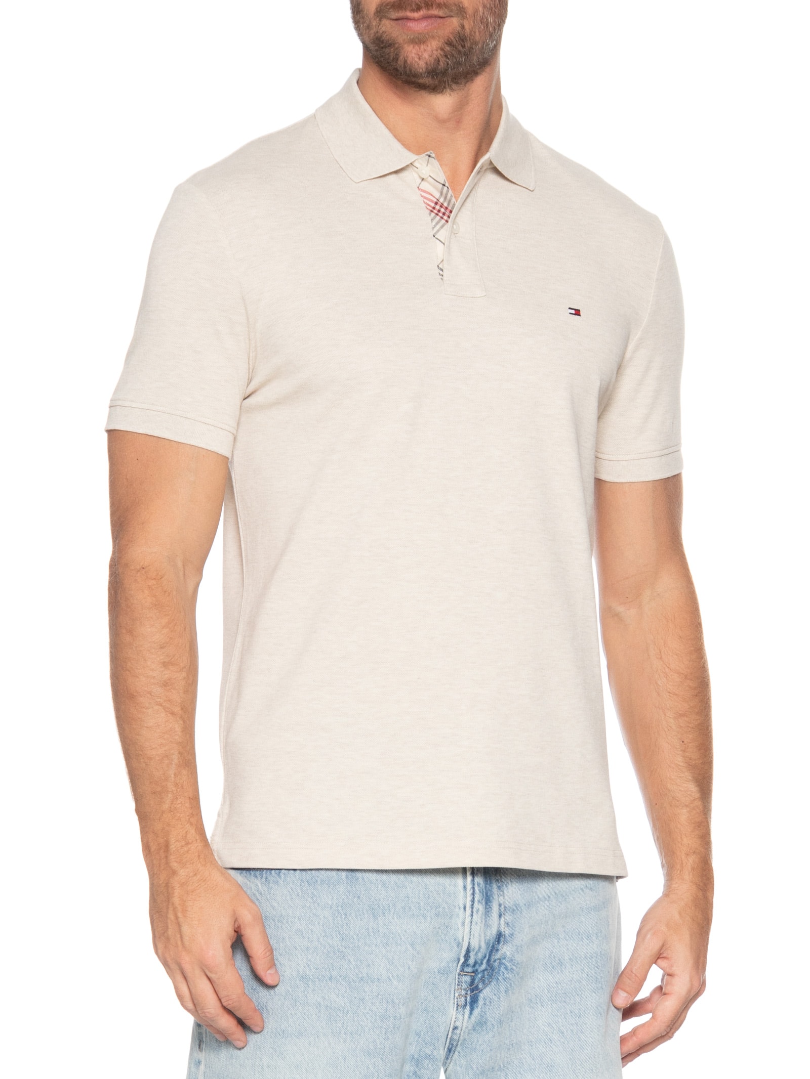 Polo Masculina Regular Fit Em Piquet Placket Interest Bege Tommy Hilfiger