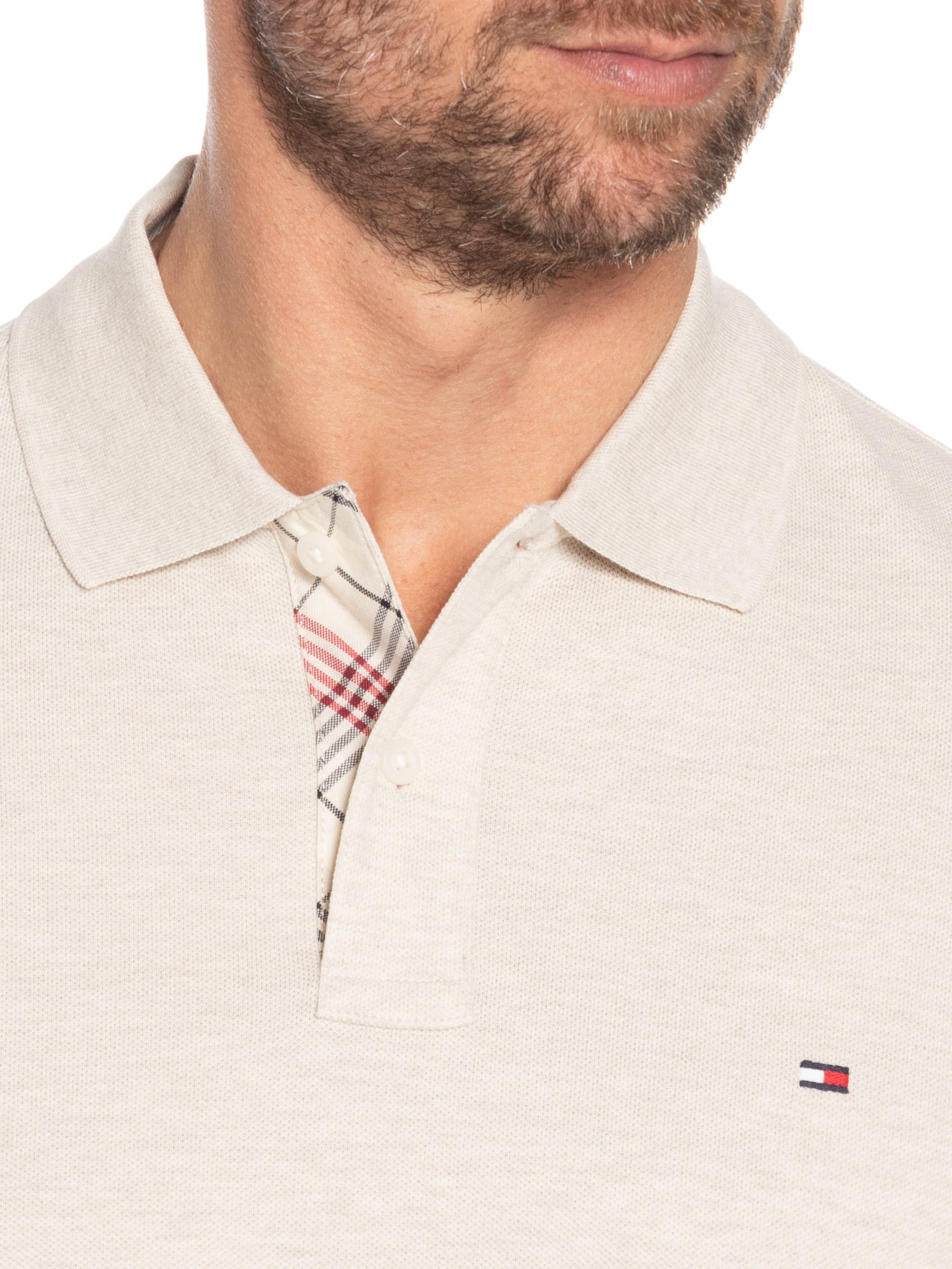 Polo Masculina Regular Fit Em Piquet Placket Interest Bege Tommy Hilfiger