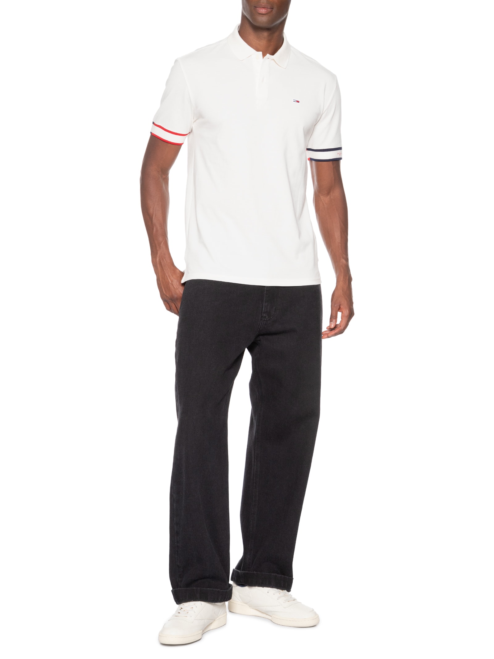 Polo Masculina Regular Fit Flag Cuff Branco Tommy Jeans