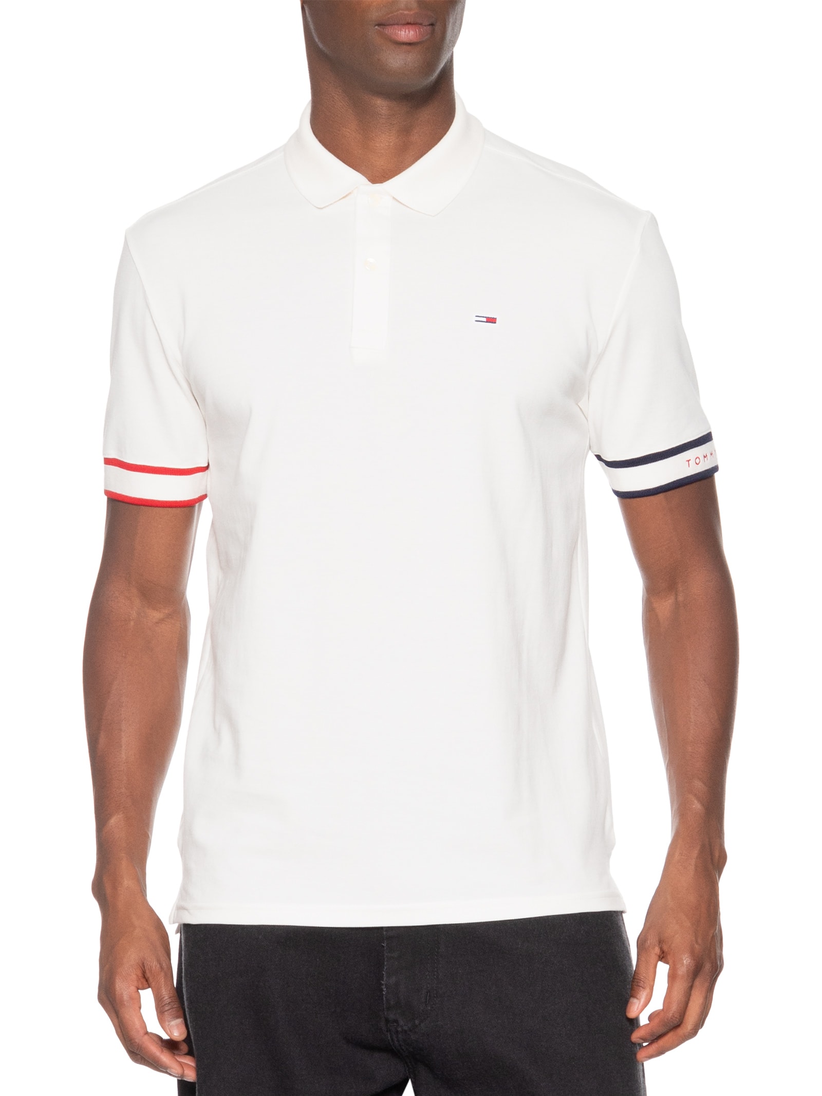 Polo Masculina Regular Fit Flag Cuff Branco Tommy Jeans