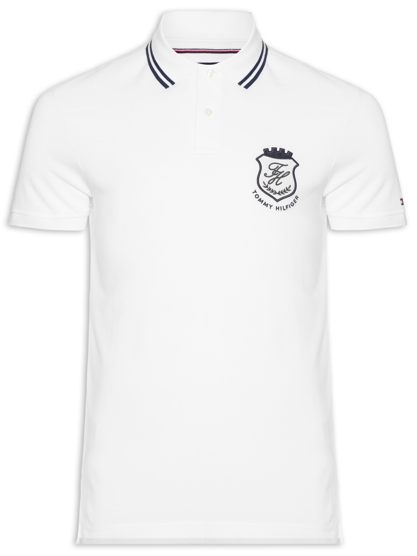 Polo Masculina Regular Fit Gola Friso Duplo e Brasão – Branco Tommy Hilfiger