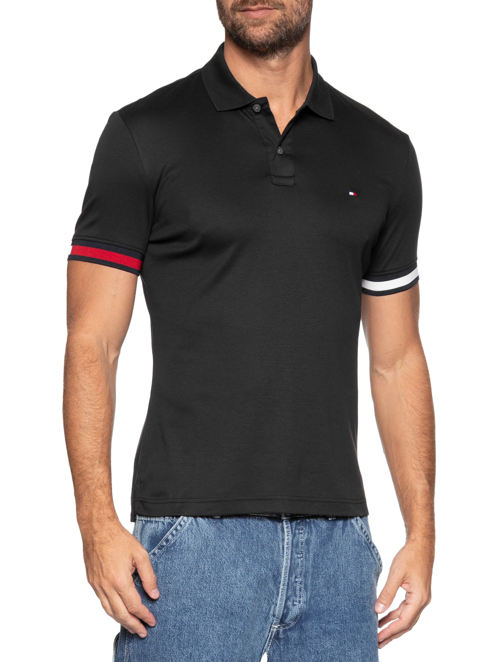 Polo Masculina Regular Fit Liquid Cotton Preto Tommy Hilfiger