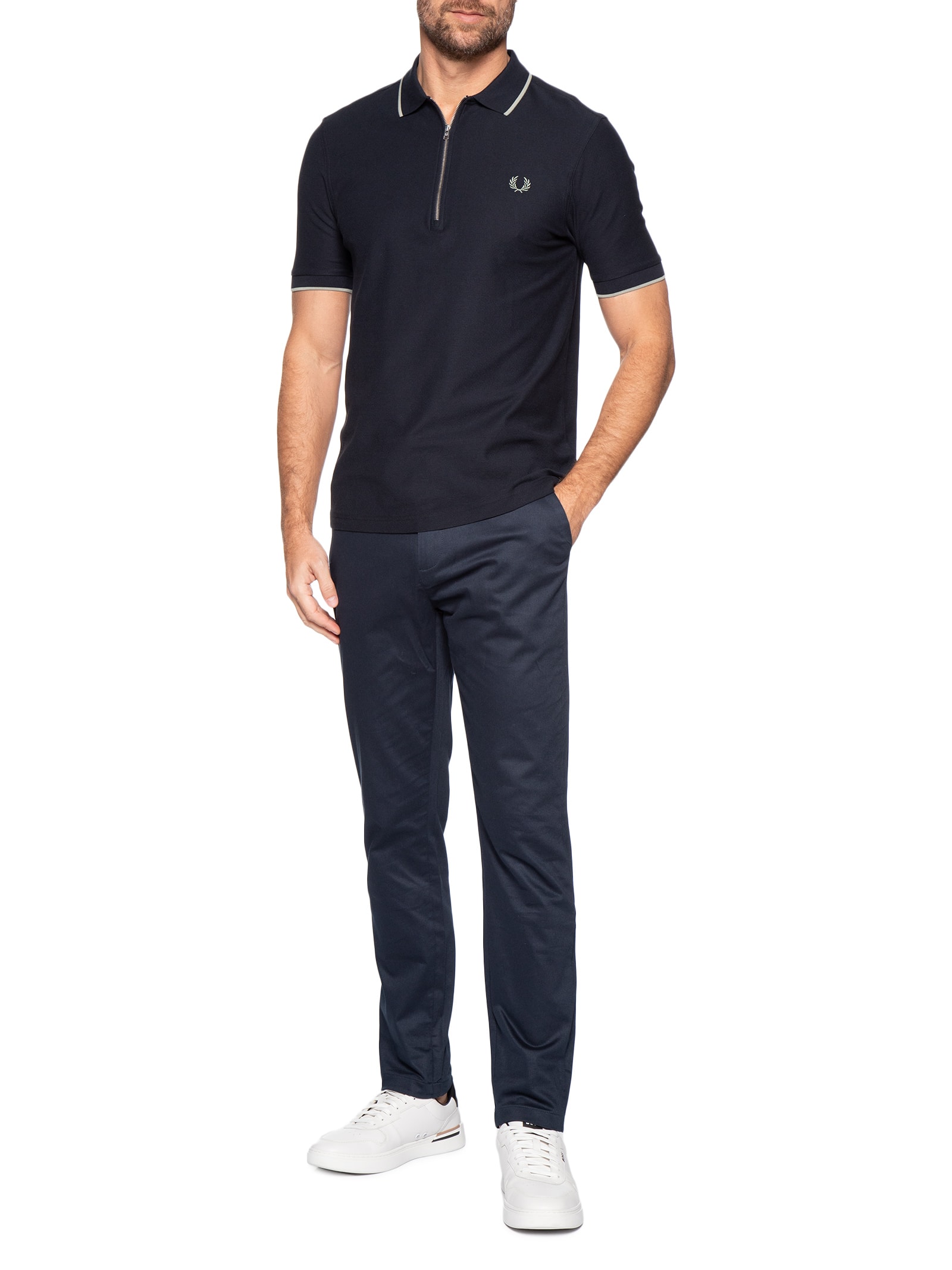 Polo Masculina Regular Fit Meio Zíper Em Crepe Piquet Azul Fred Perry