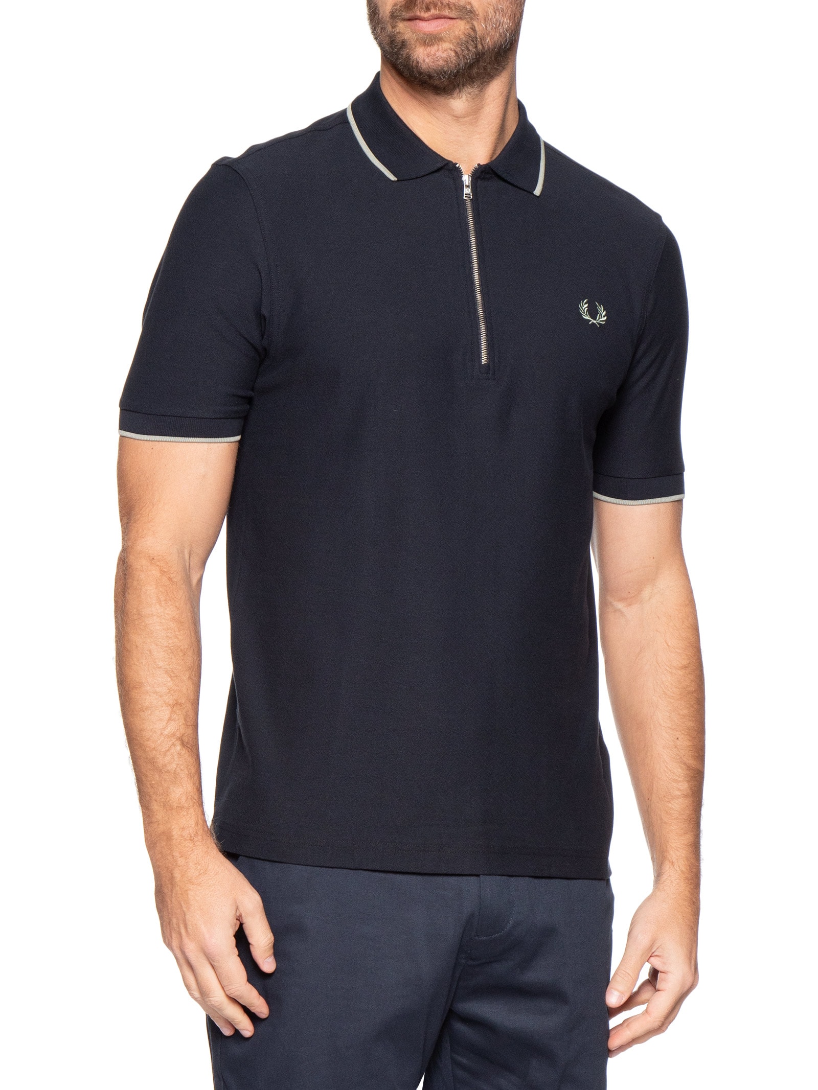 Polo Masculina Regular Fit Meio Zíper Em Crepe Piquet Azul Fred Perry