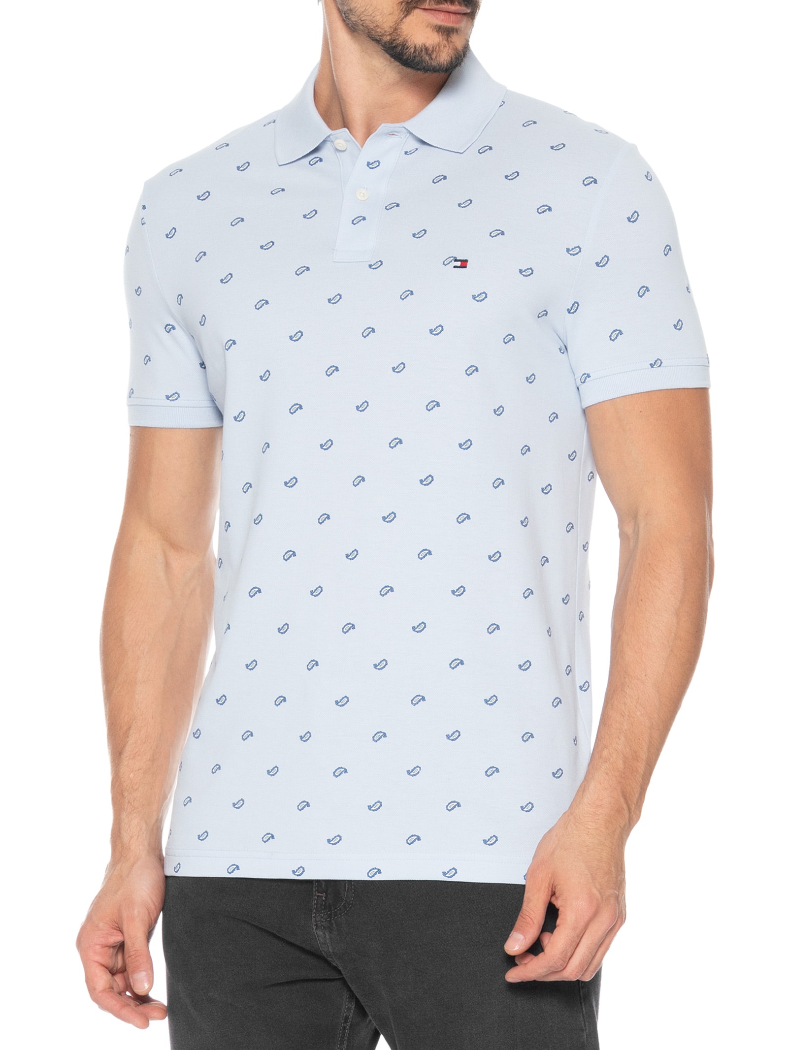 Polo Masculina Regular Fit Microestampa Paisley Em Piquet Azul Tommy Hilfiger