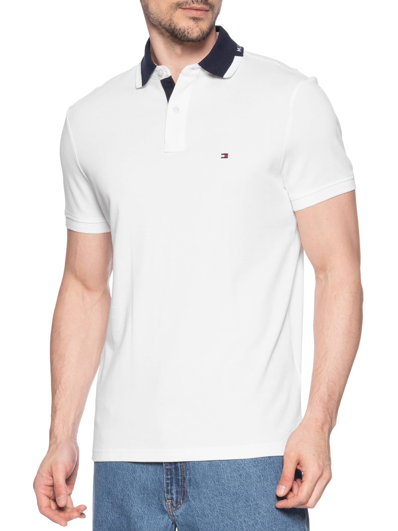 Polo Masculina Regular Fit Pique Grafic Collar Branco Tommy Hilfiger
