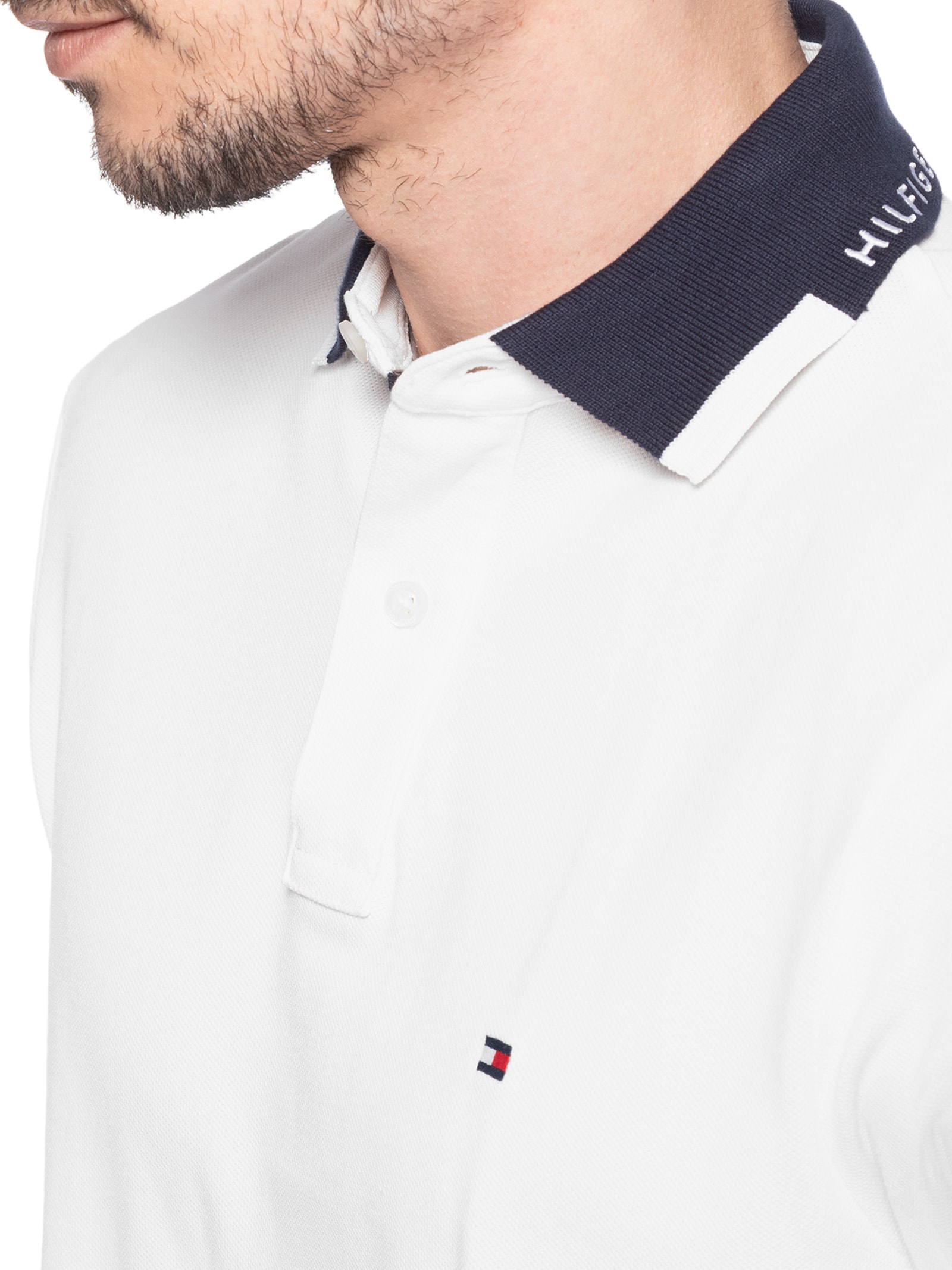 Polo Masculina Regular Fit Pique Grafic Collar Branco Tommy Hilfiger