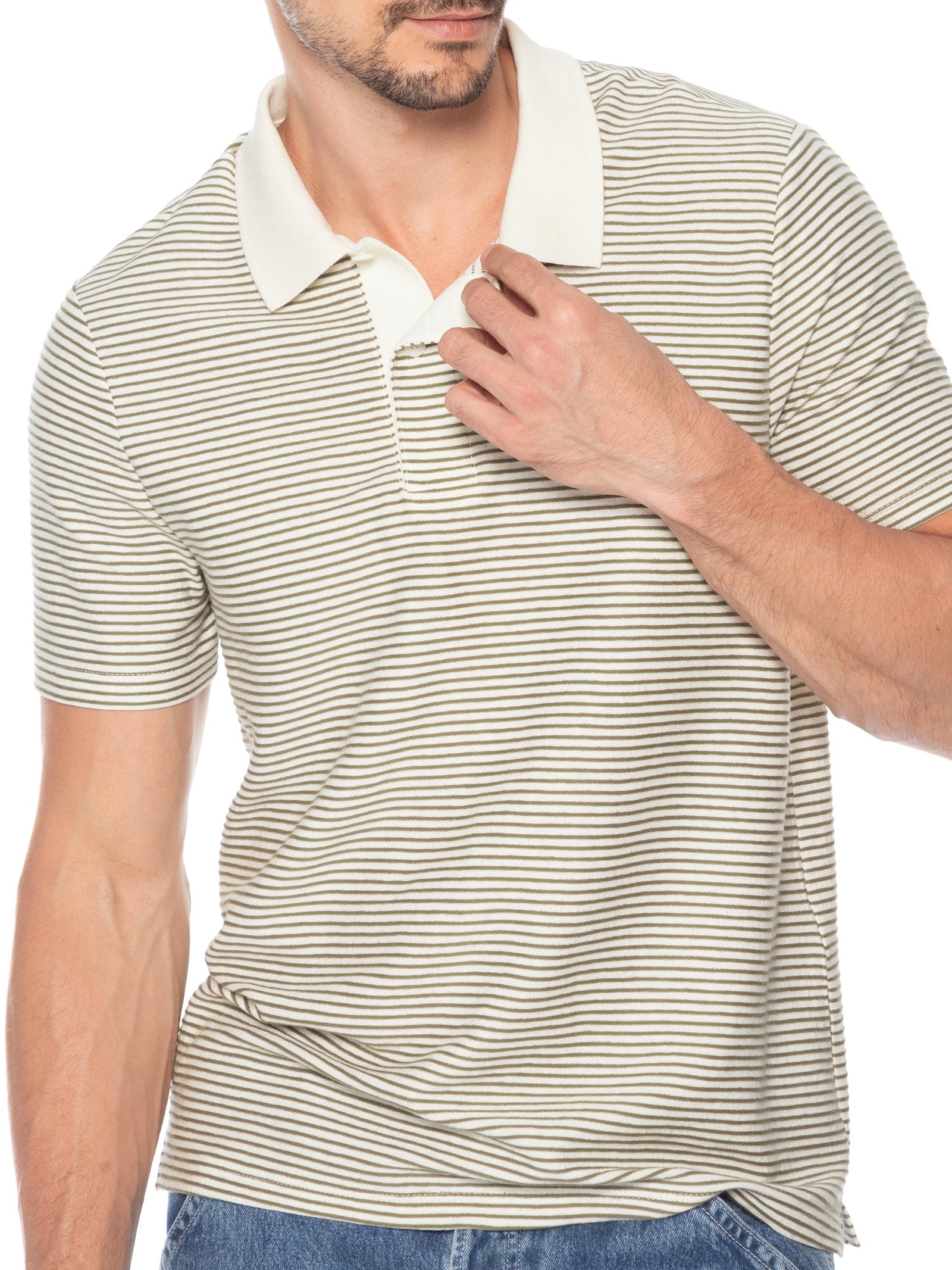 Polo Masculina Regular Fit Texturizada Listras Fio Tinto Off White Hering