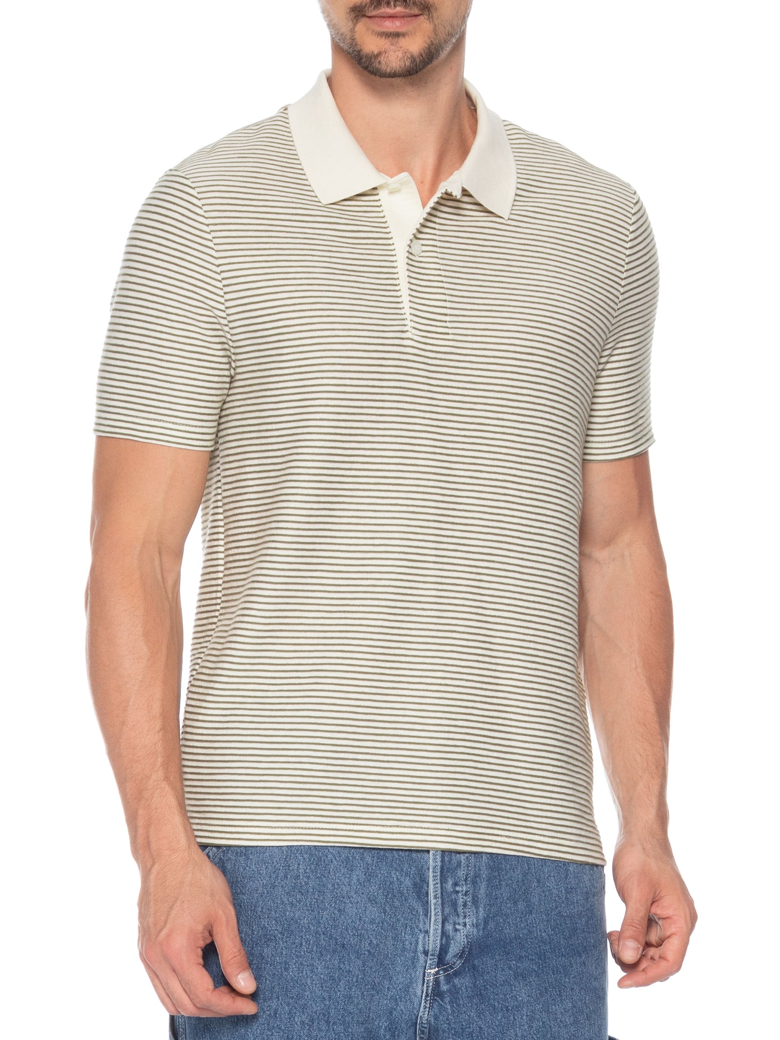 Polo Masculina Regular Fit Texturizada Listras Fio Tinto Off White Hering