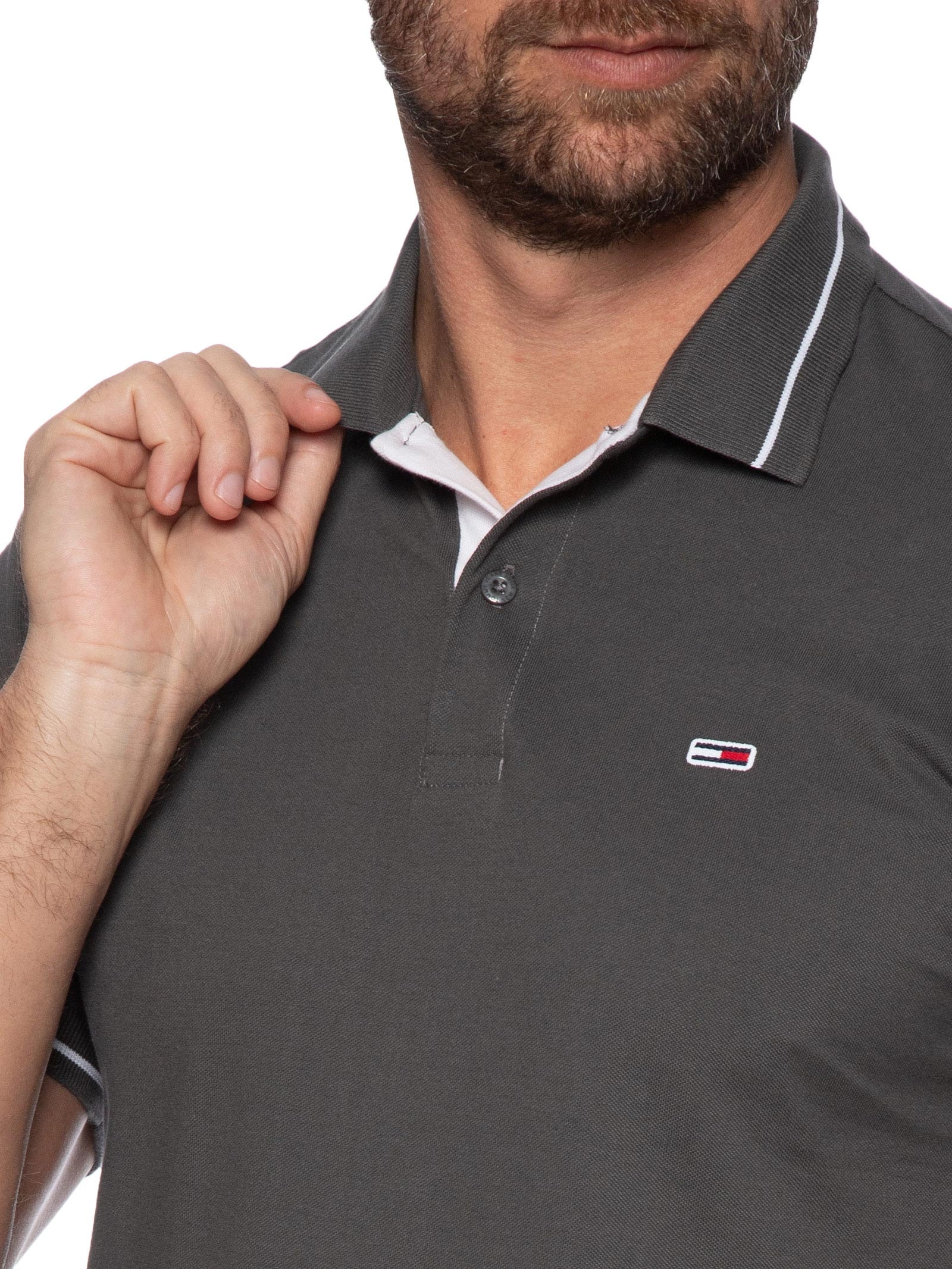 Polo Masculina Regular Fit Tipped Cinza Tommy Jeans