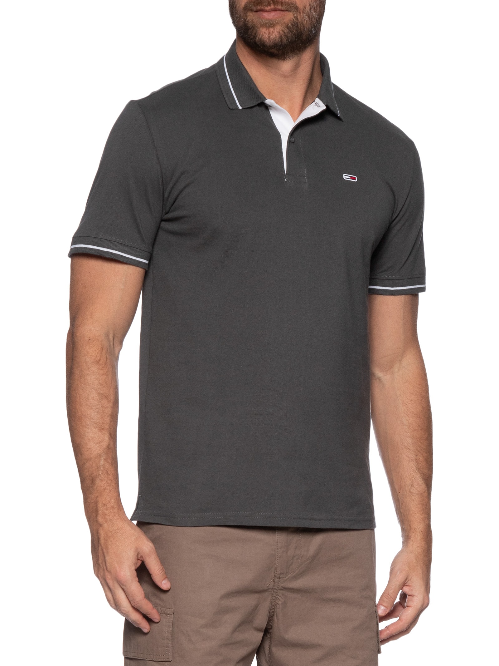 Polo Masculina Regular Fit Tipped Cinza Tommy Jeans