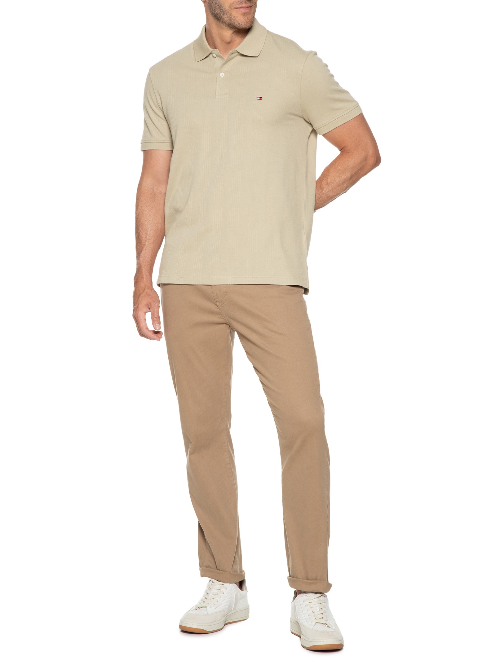 Polo Masculina Regular Fit Vertical Stripe Em Piquet De Algodão Orgânico Bege Tommy Hilfiger