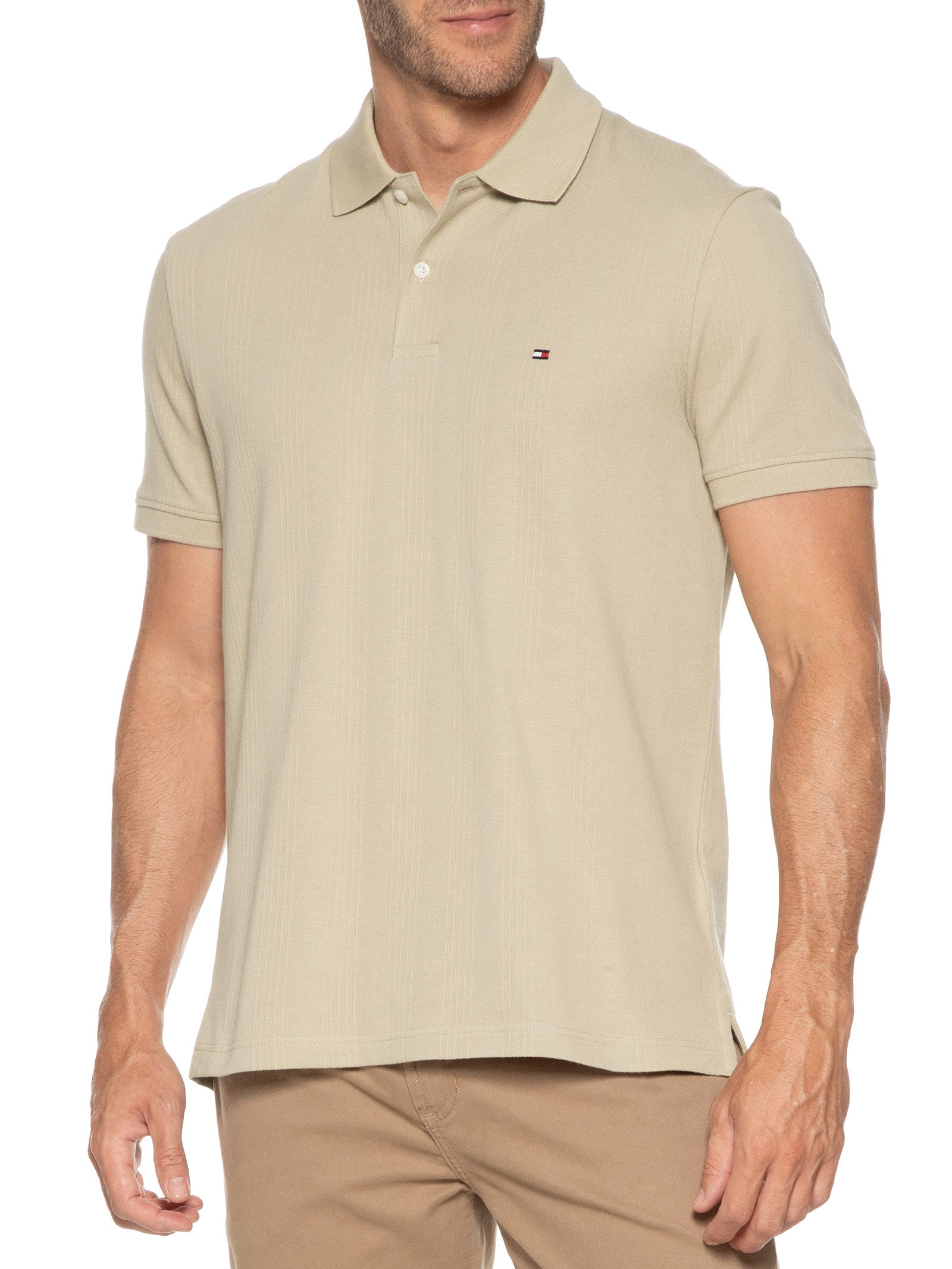 Polo Masculina Regular Fit Vertical Stripe Em Piquet De Algodão Orgânico Bege Tommy Hilfiger