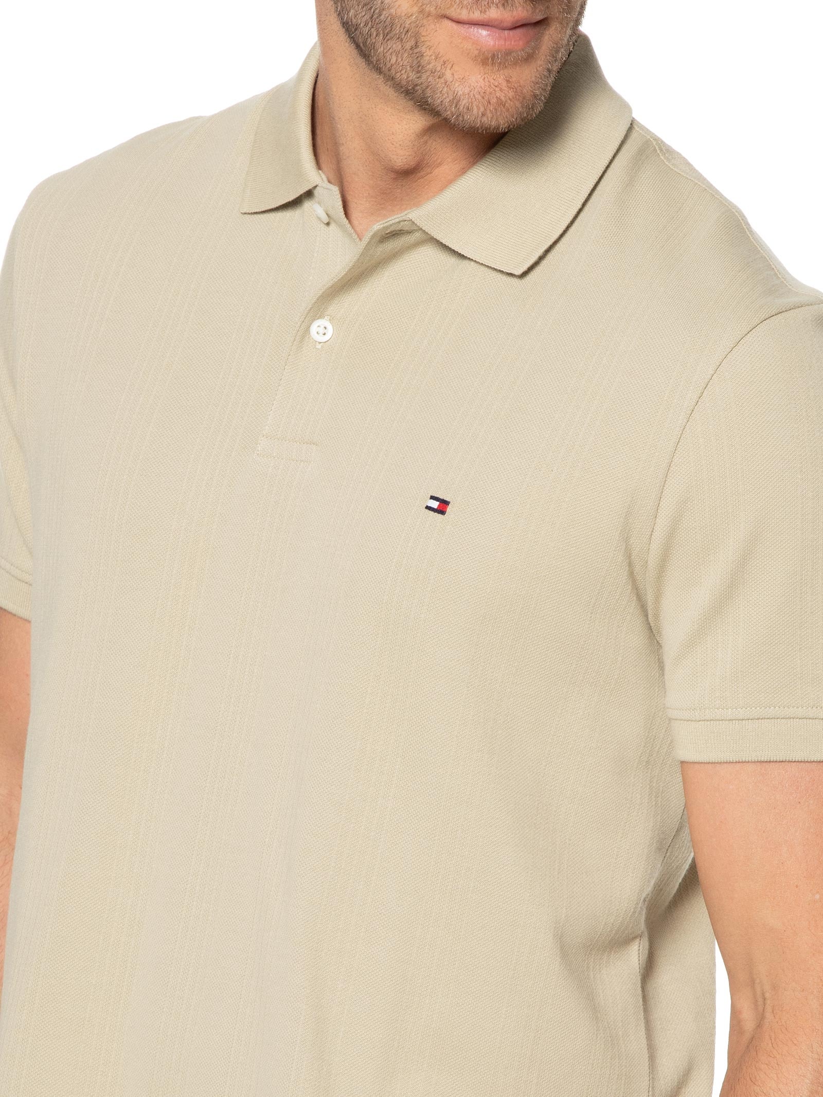 Polo Masculina Regular Fit Vertical Stripe Em Piquet De Algodão Orgânico Bege Tommy Hilfiger