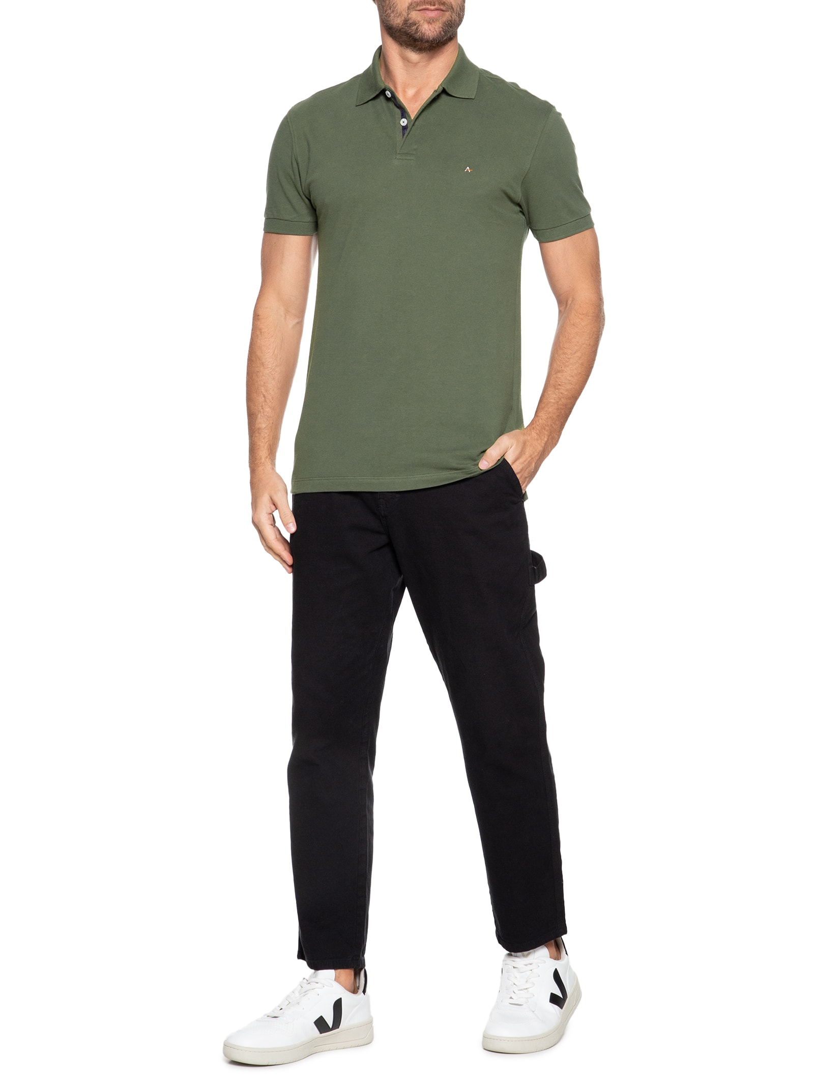 Polo Masculina Regular Fit Vista Detalhe Interno Verde Aramis