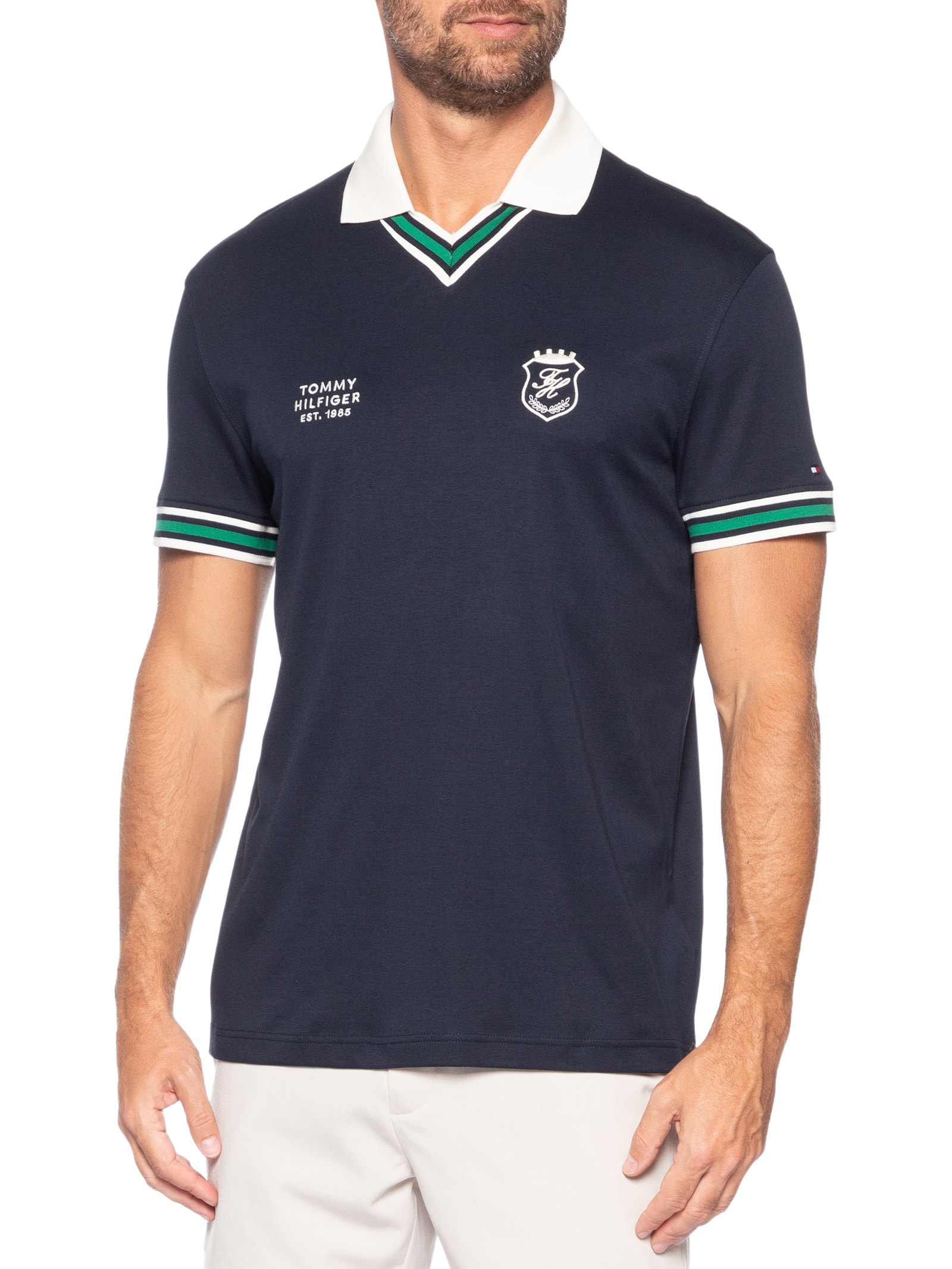 Polo Masculina Relaxed Fit V-Nk Brasão No Peito Azul Tommy Hilfiger
