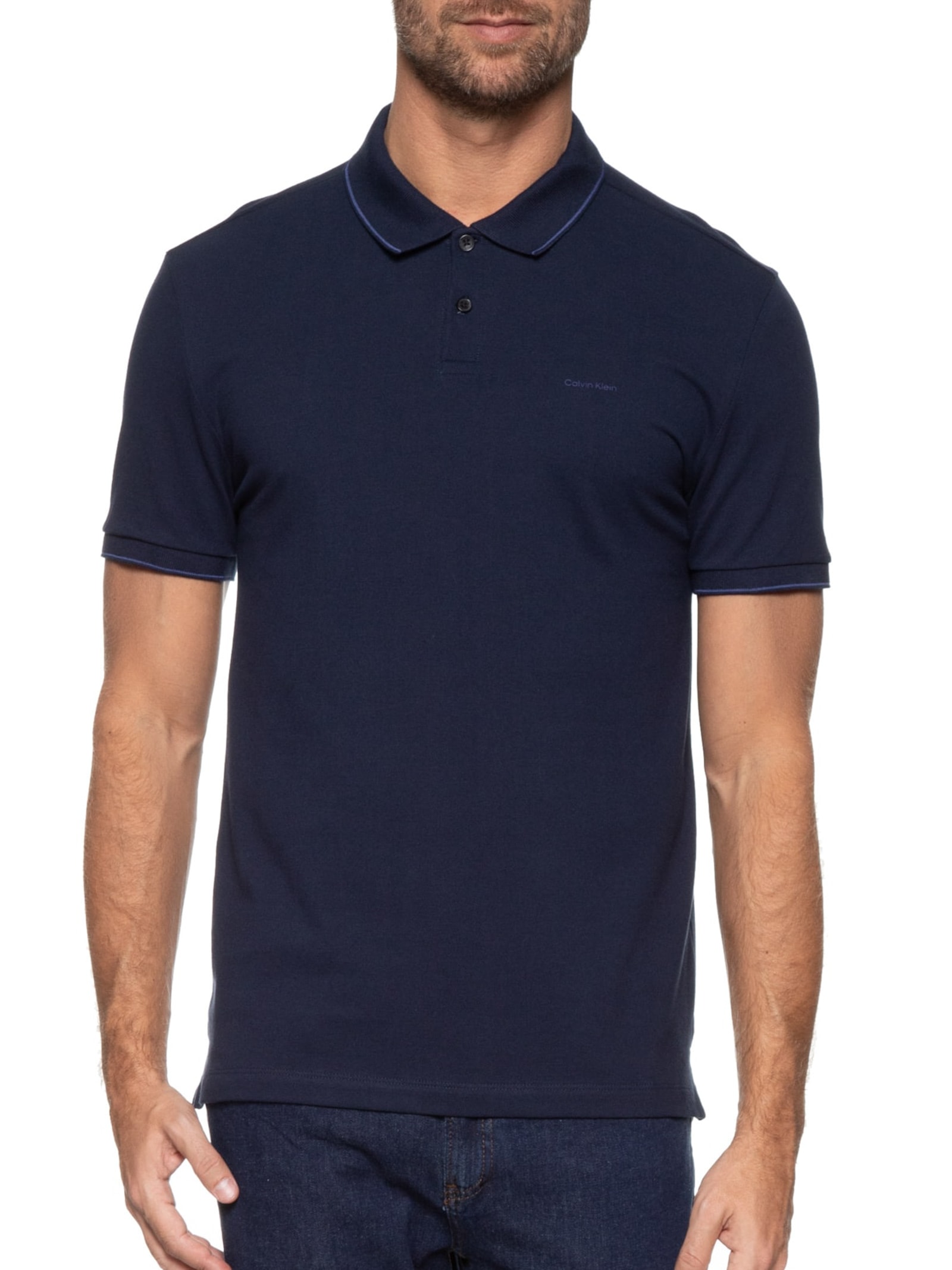 Polo Masculina Slim Básica Com Friso Azul Calvin Klein - White Label