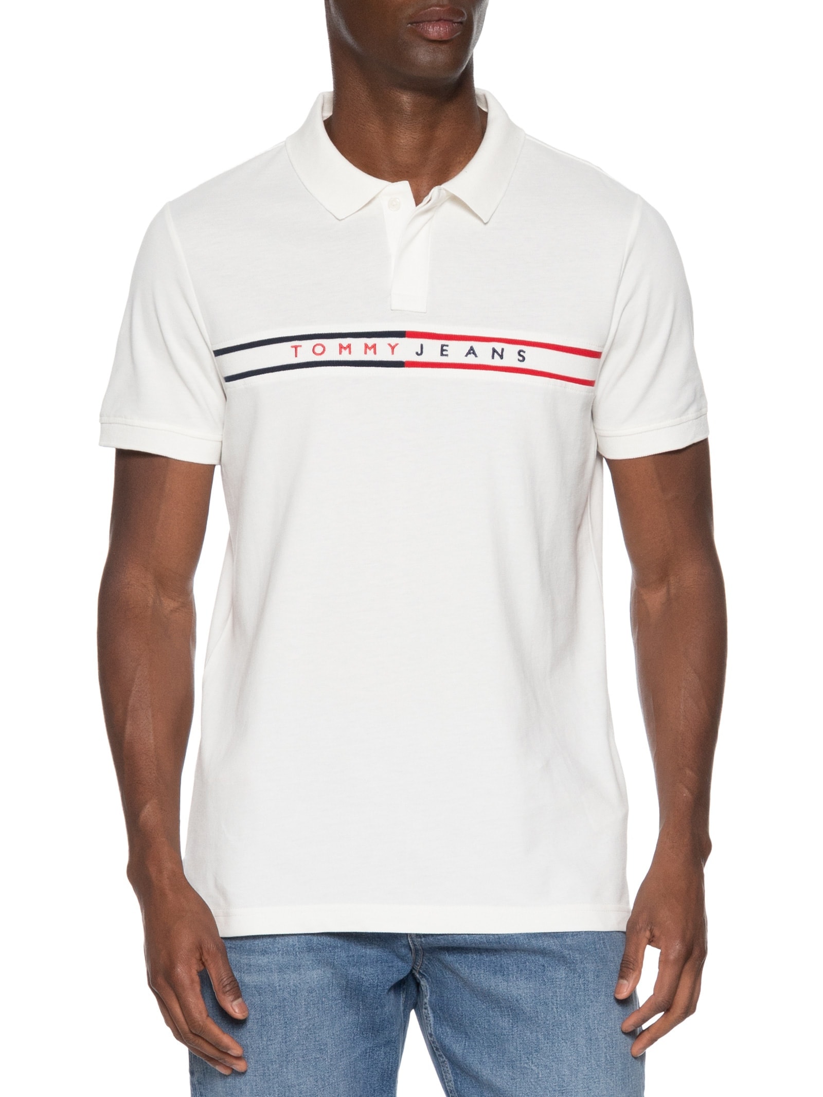 Polo Masculina Slim Fit Chest Flag Estampada Branco Tommy Jeans