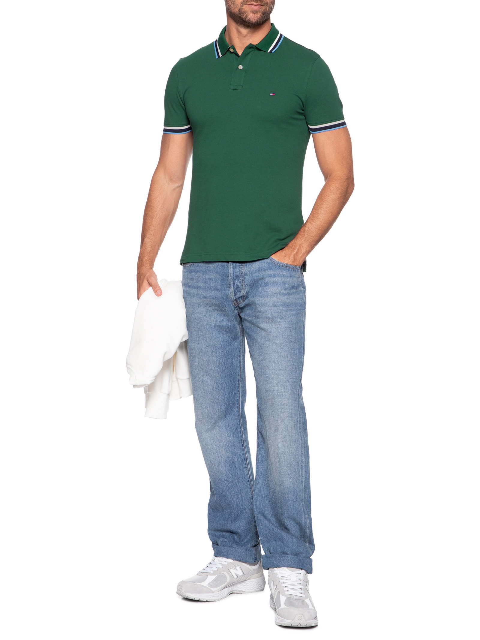Polo Masculina Slim Fit Com Friso Verde Tommy Hilfiger